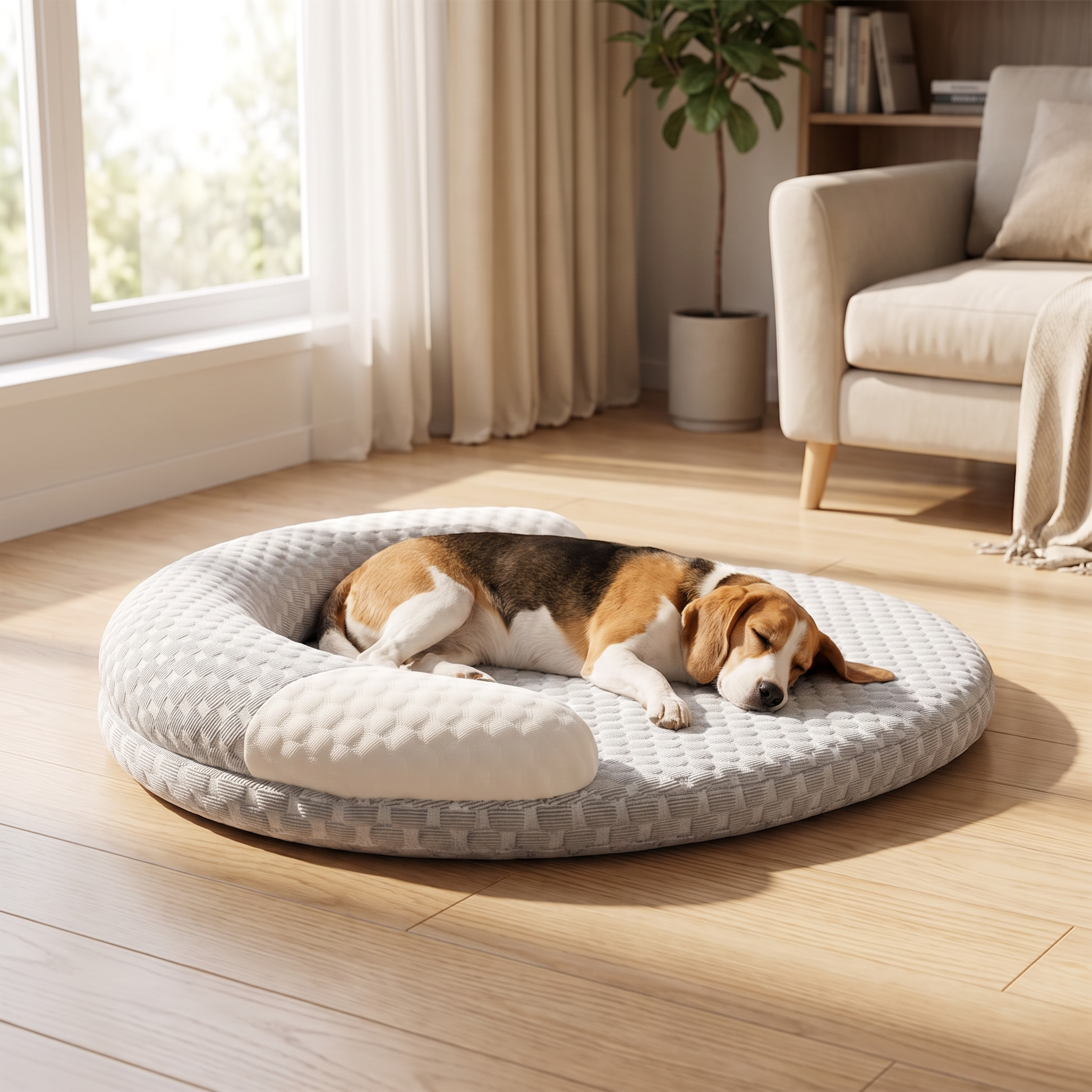 Cooling dog bed with breathable ice silk fabric and a beagle napping