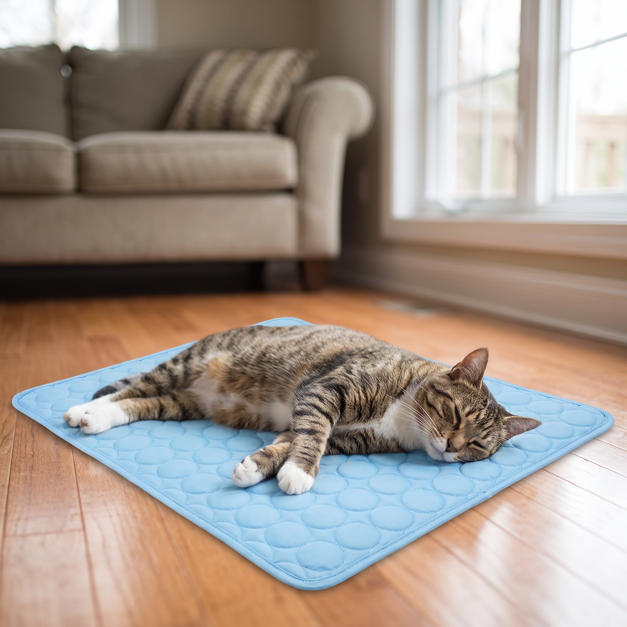 Cat napping on the cooling pet mat in a sunny living room