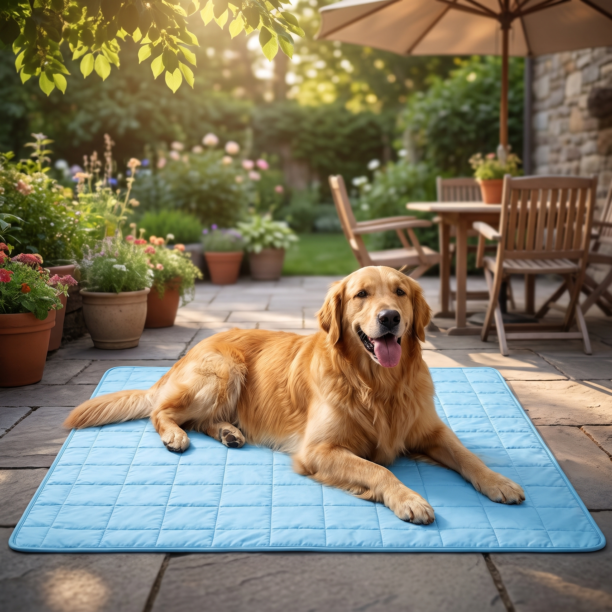 Golden retriever lying on the extra large dog cooling mat on a patio