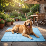 Golden retriever lying on the extra large dog cooling mat on a patio