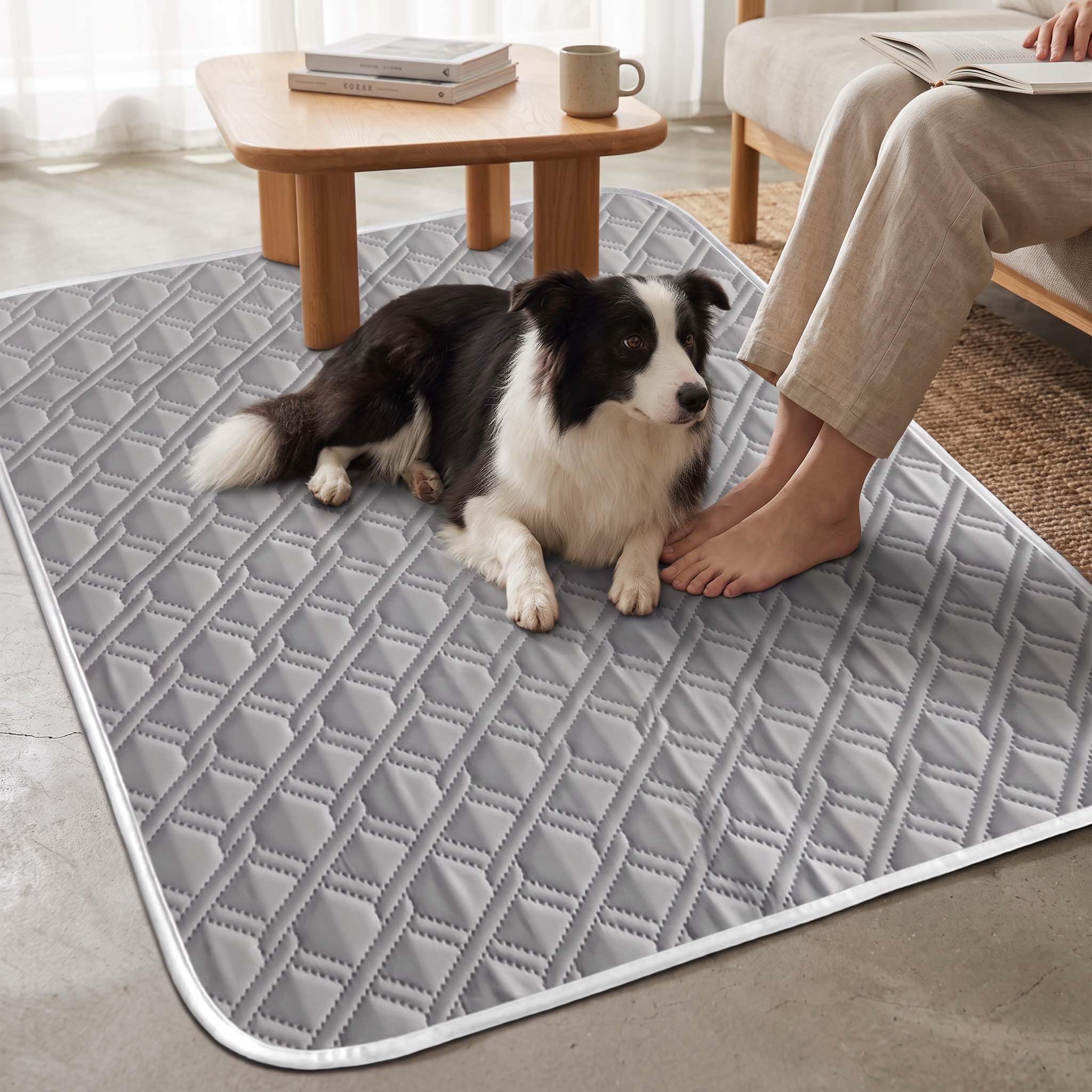 Border collie resting on the large anti-slip pet cooling pad