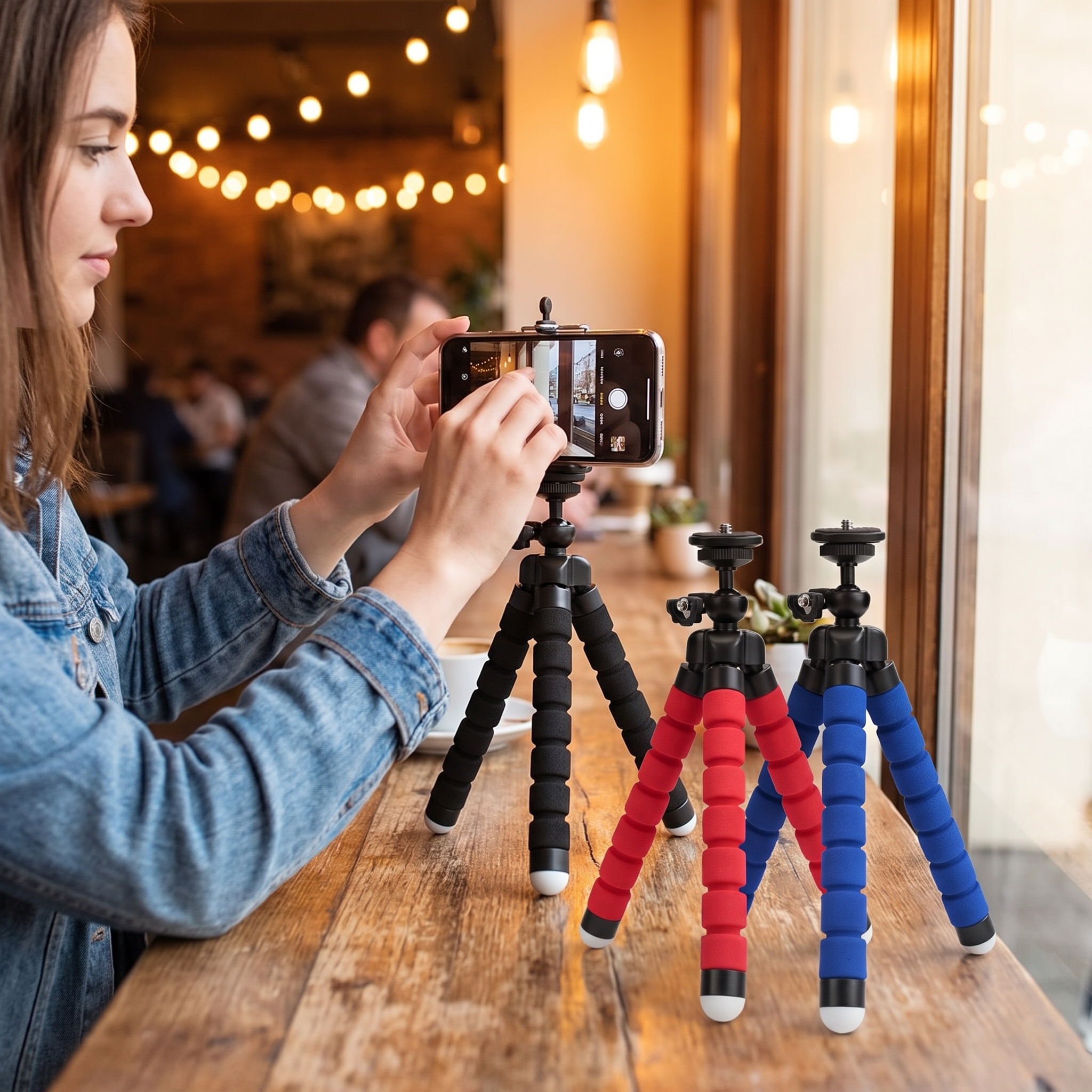Mini flexible tripod phone holder set up on a cafe table