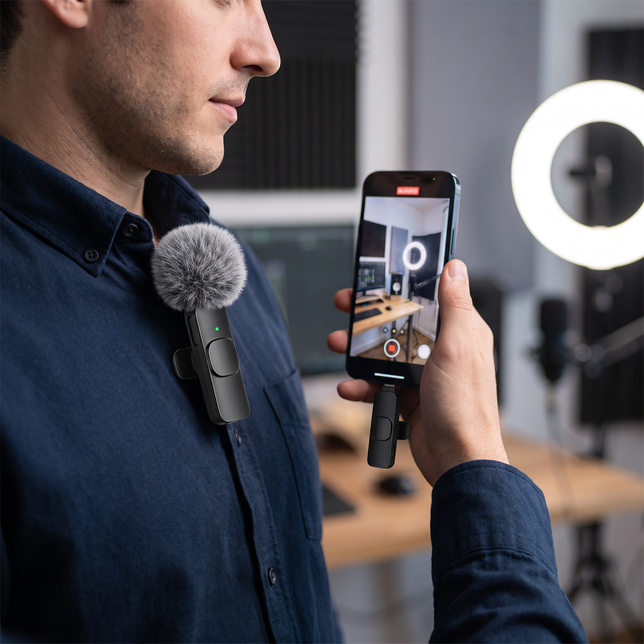 Creator recording with the wireless lavalier microphone clipped to his collar