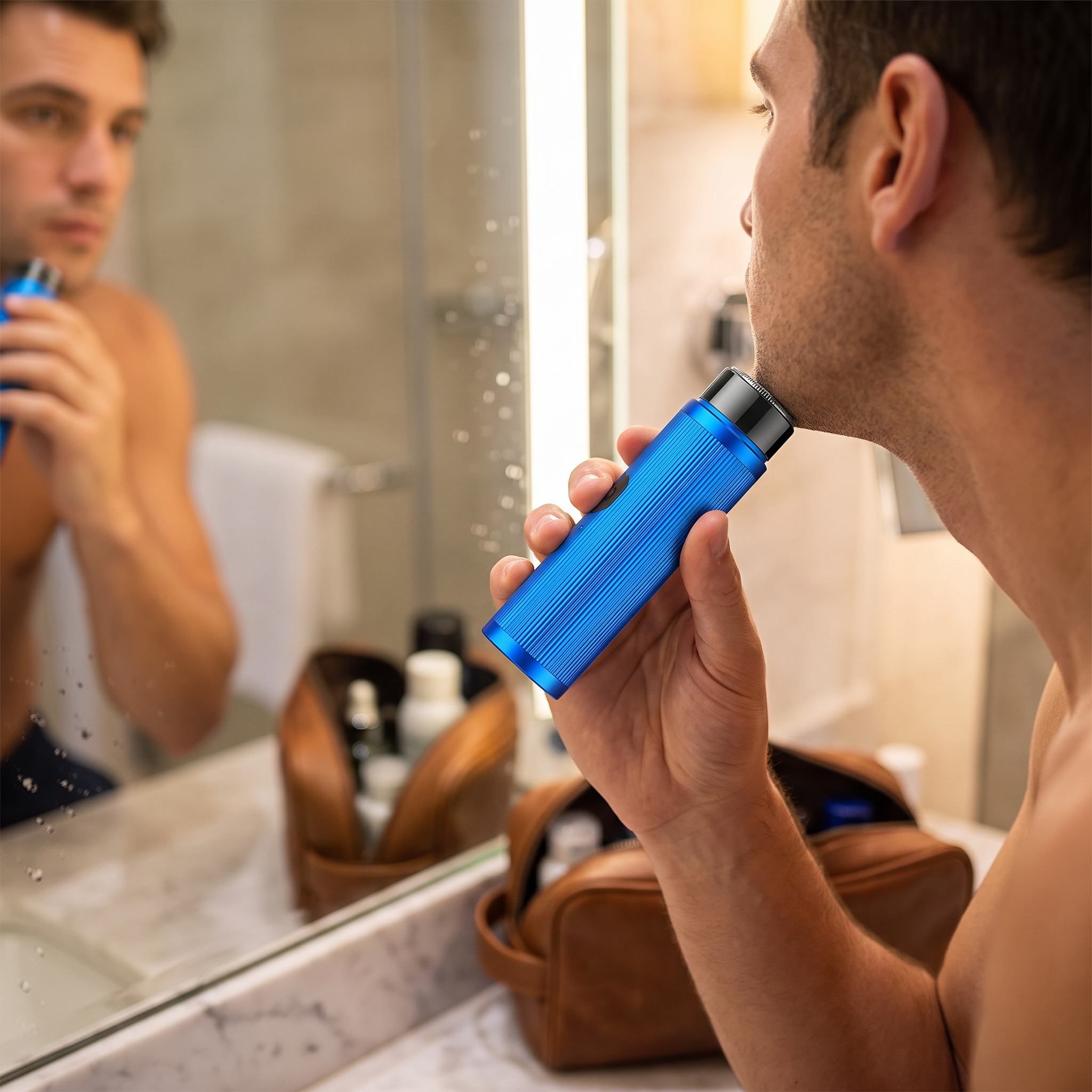 Man shaving with the mini portable electric shaver at a mirror