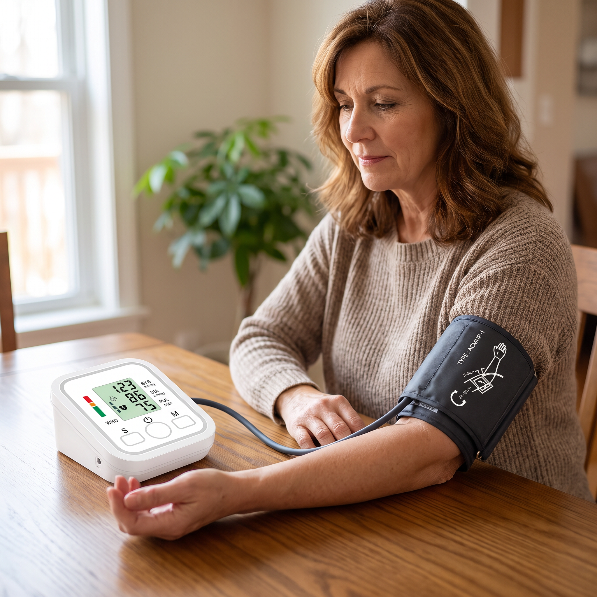 Woman using the automatic upper arm blood pressure monitor at home