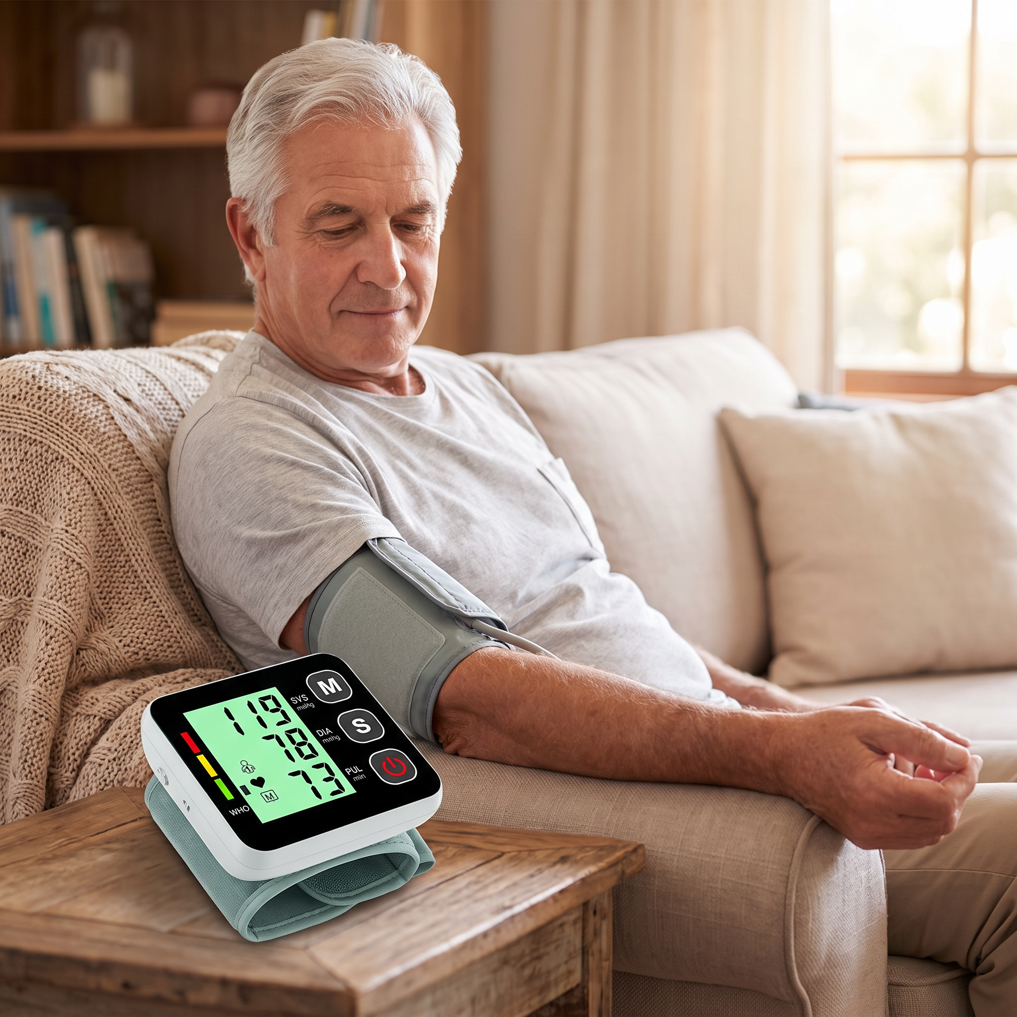 Man checking a reading on the digital LCD blood pressure monitor at home