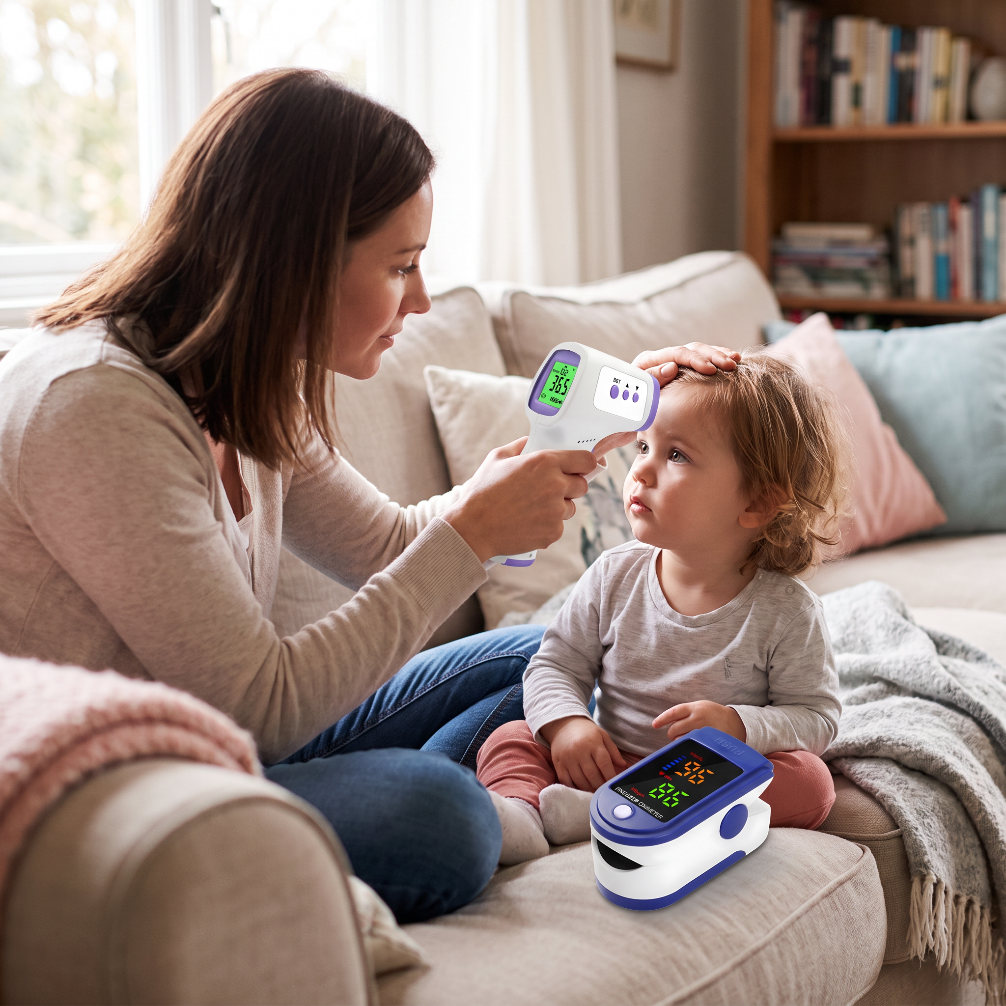 Parent using the non-contact ear thermometer on a child at home