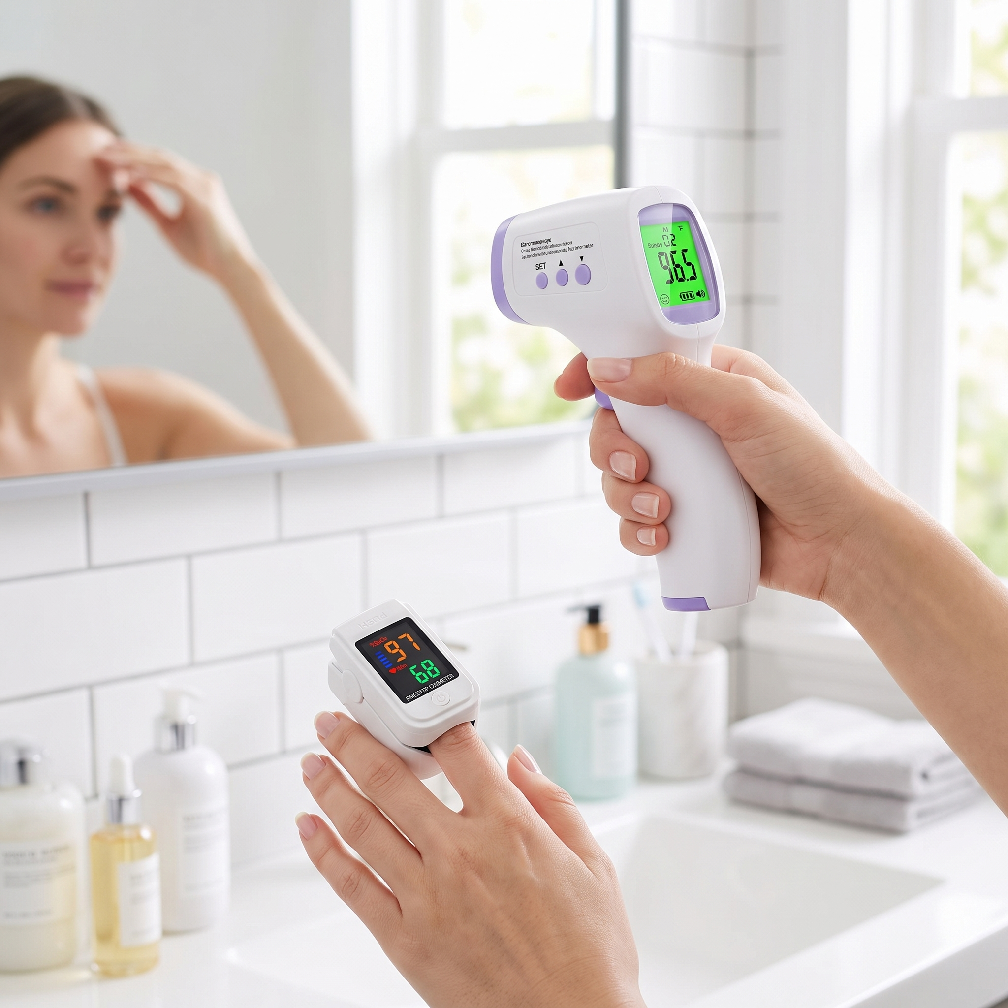 Non-contact infrared forehead thermometer and finger oximeter kit in use