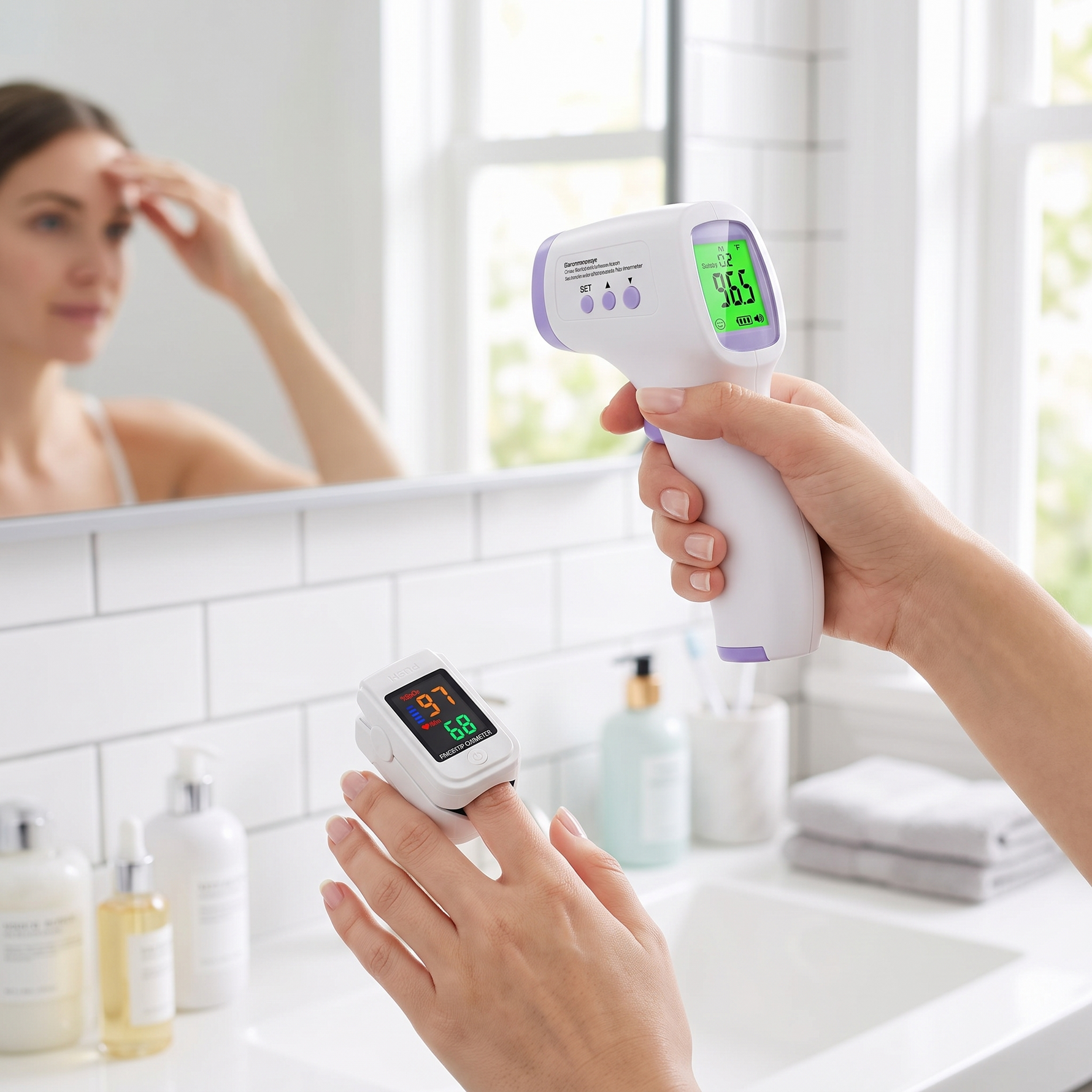 Non-contact infrared forehead thermometer and finger oximeter kit in use