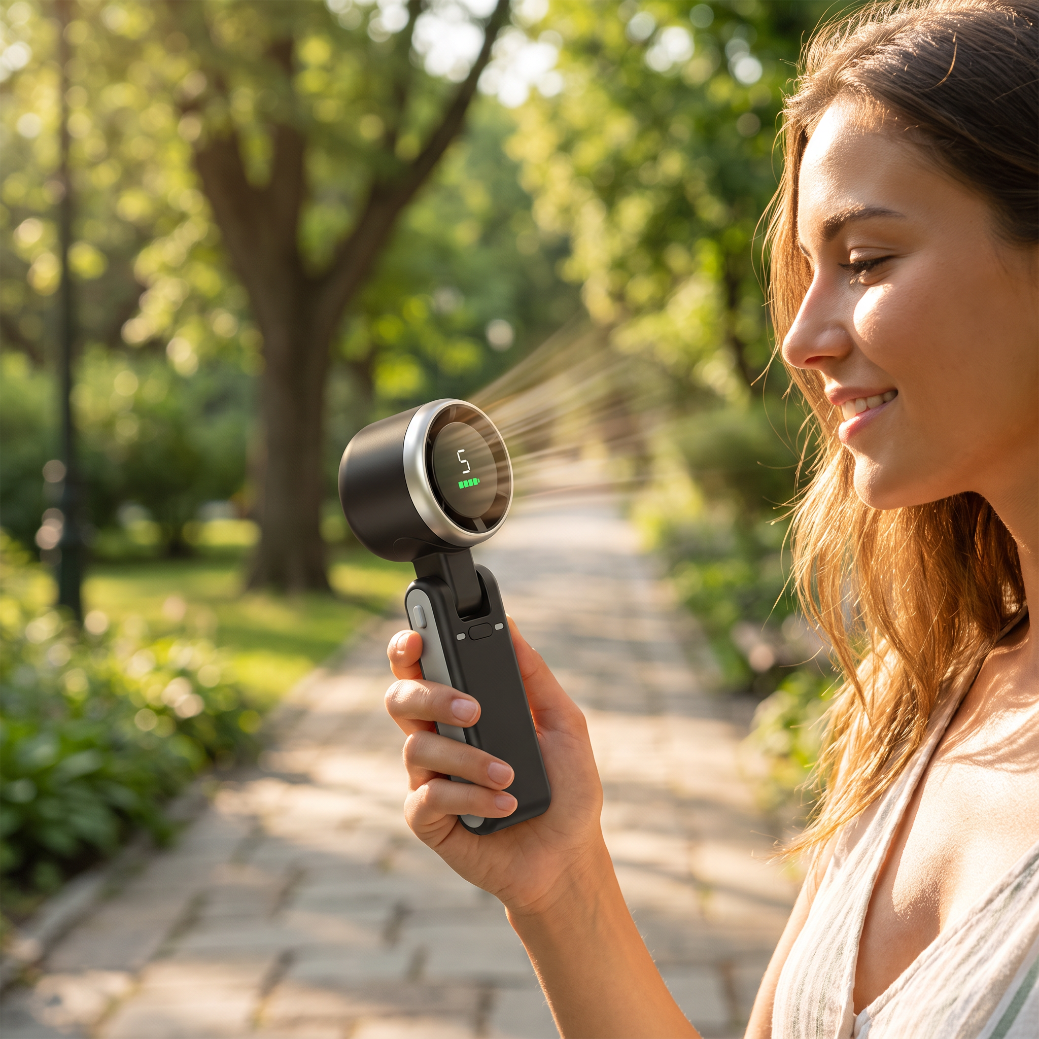 Woman using mini USB travel fan outdoors in a park
