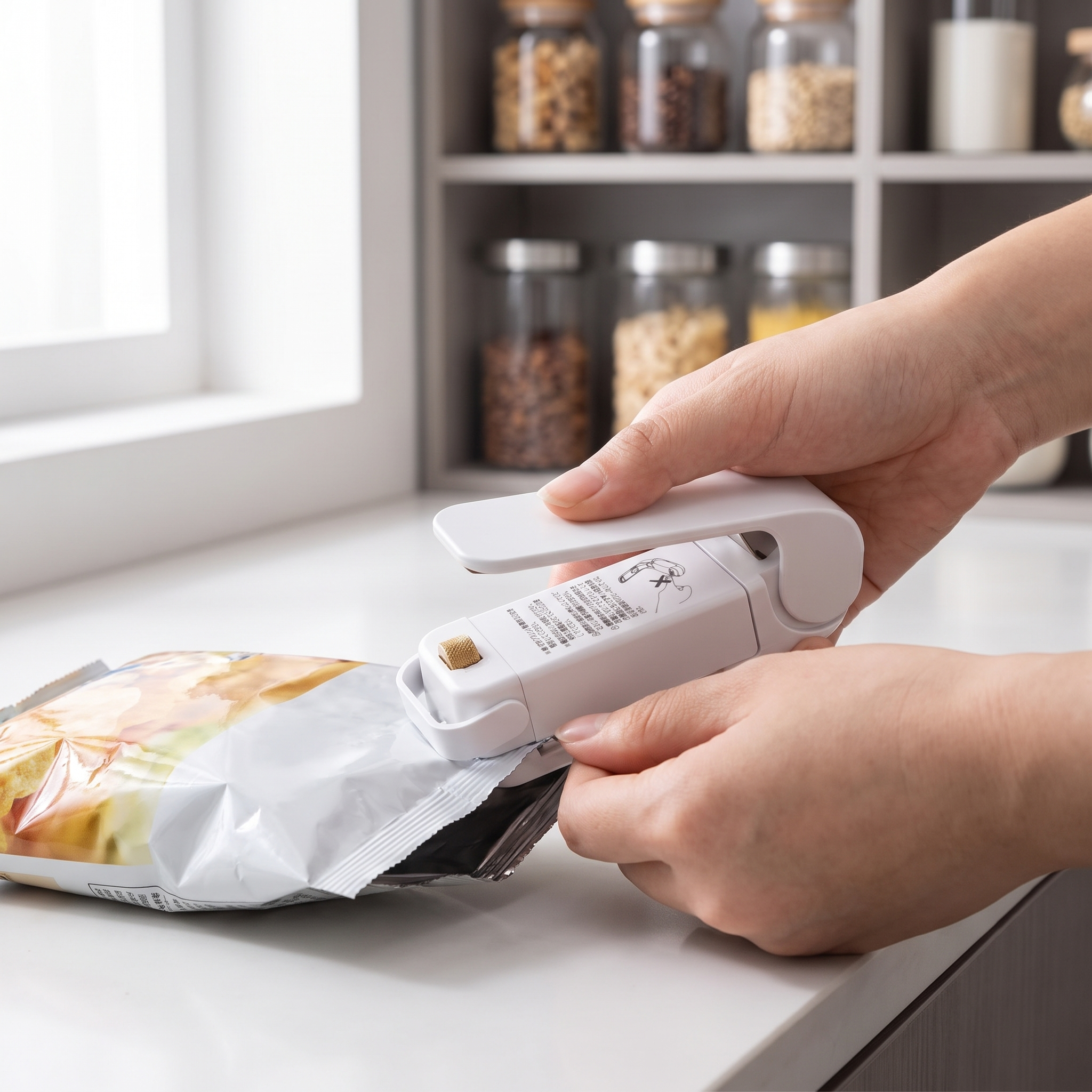 Mini heat sealer sealing a food bag in a kitchen