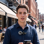 Wireless lavalier microphone with windproof cover clipped to a shirt