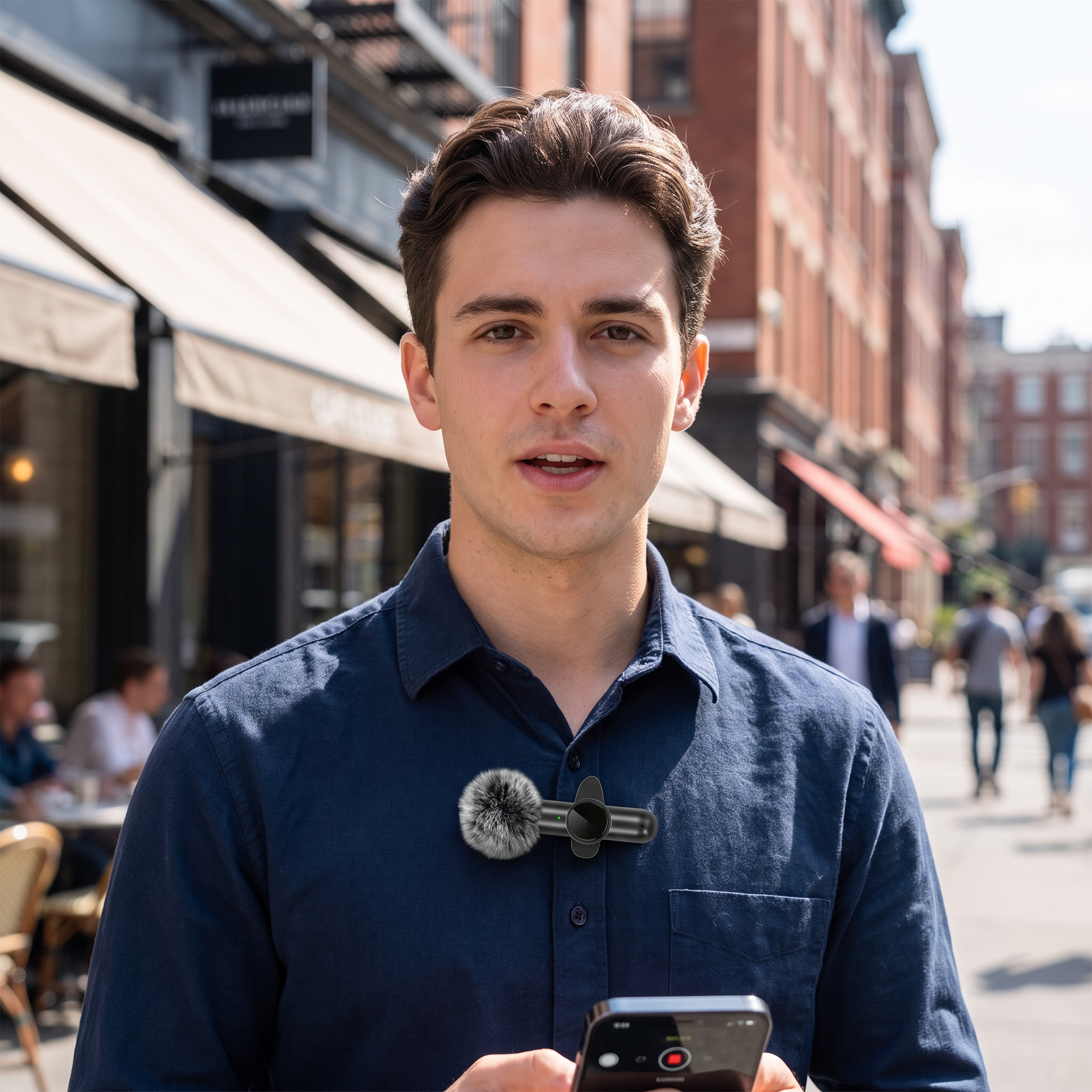 Wireless lavalier microphone with windproof cover clipped to a shirt