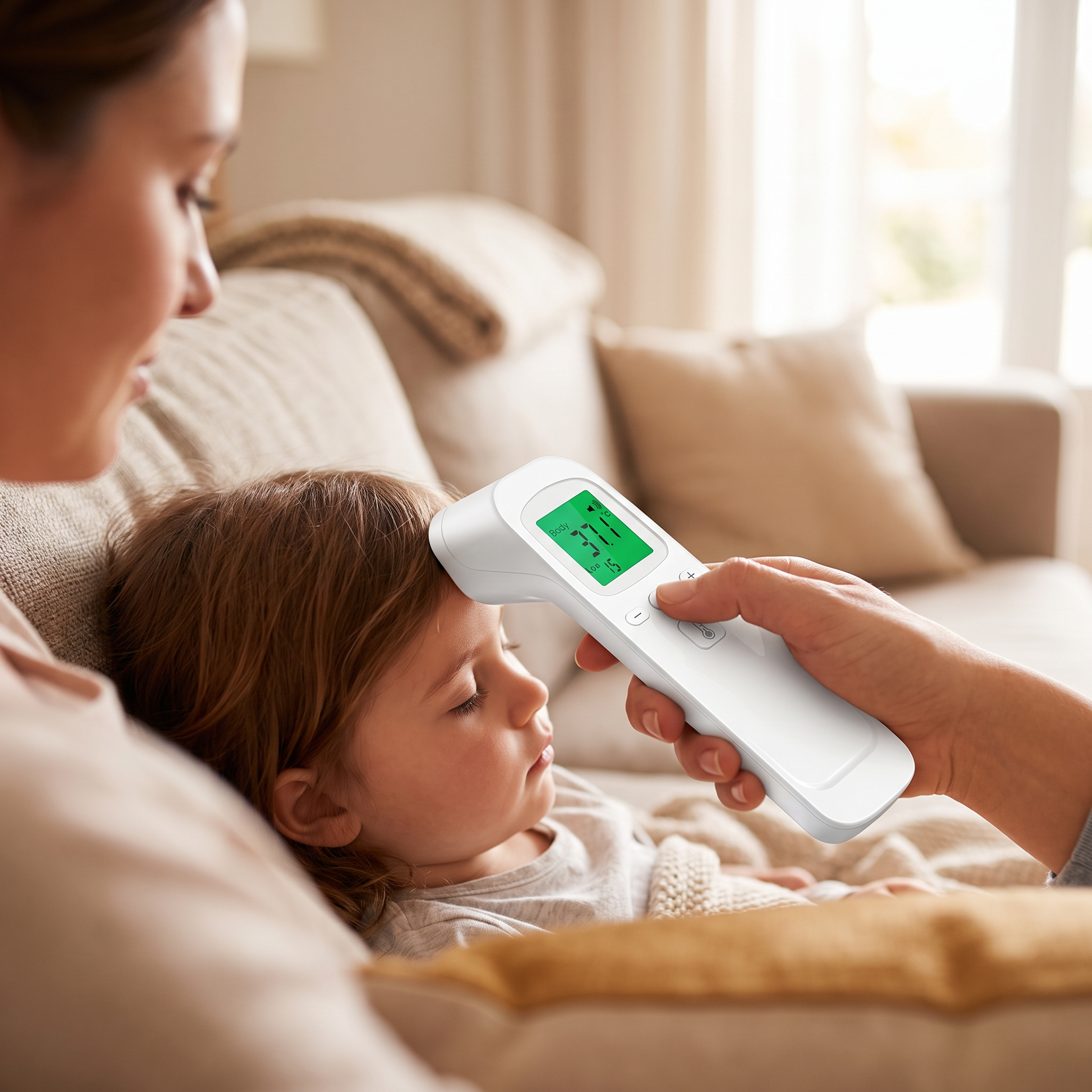 Non-contact infrared thermometer taking a child's temperature