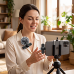 Mini clip-on wireless lavalier microphone used while streaming