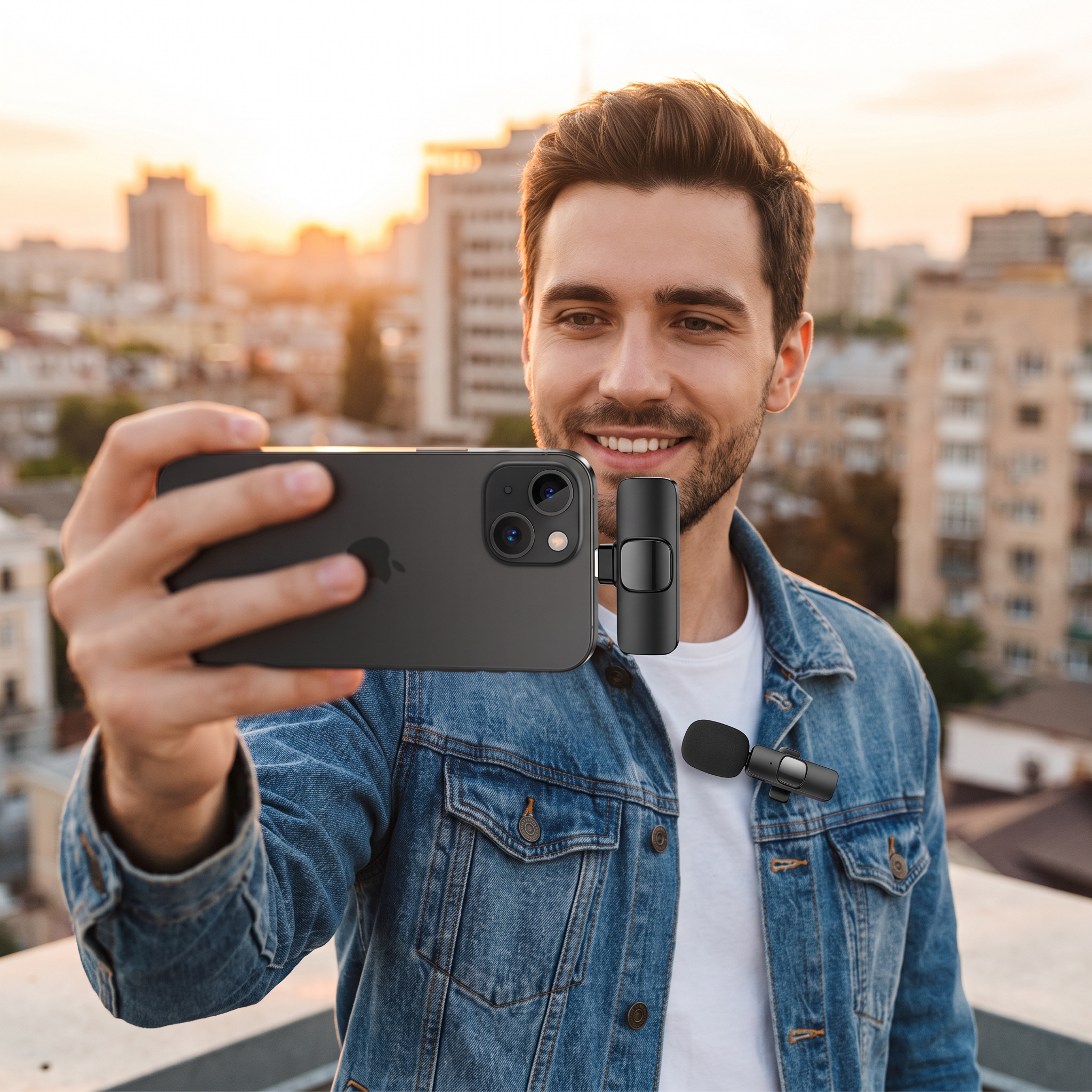 Wireless lavalier microphone used by a vlogger filming outdoors