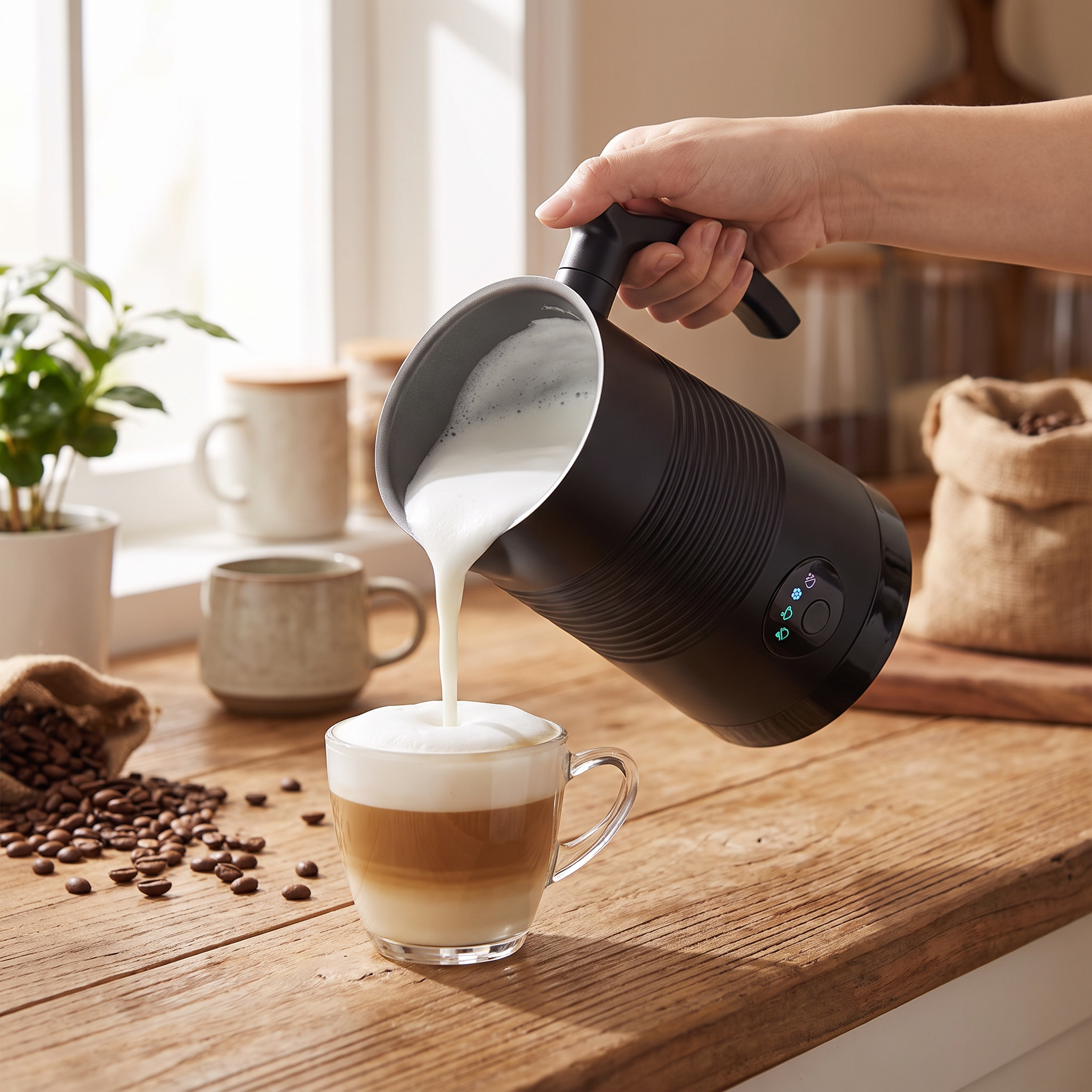 Electric milk frother making cappuccino foam in a kitchen
