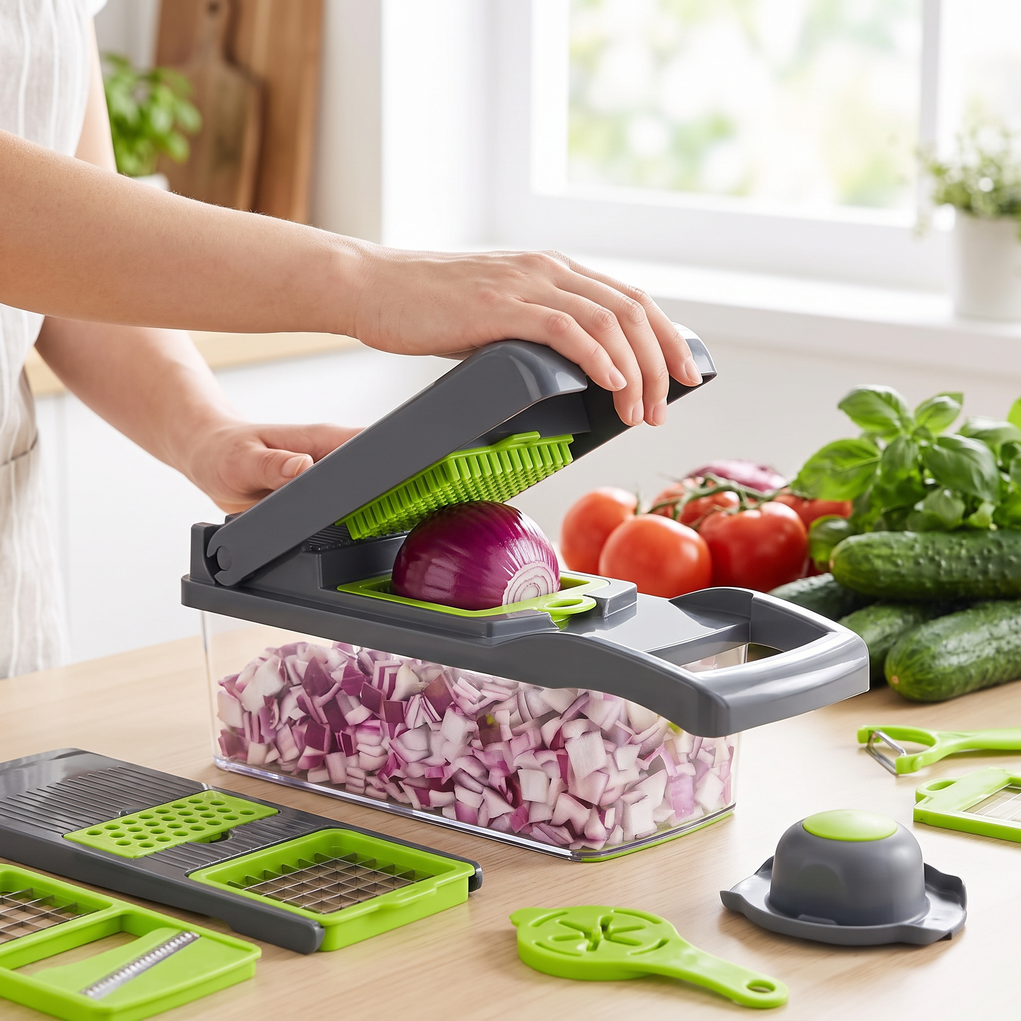16-in-1 vegetable chopper dicing onion on a kitchen counter
