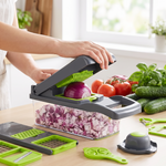 16-in-1 vegetable chopper dicing onion on a kitchen counter