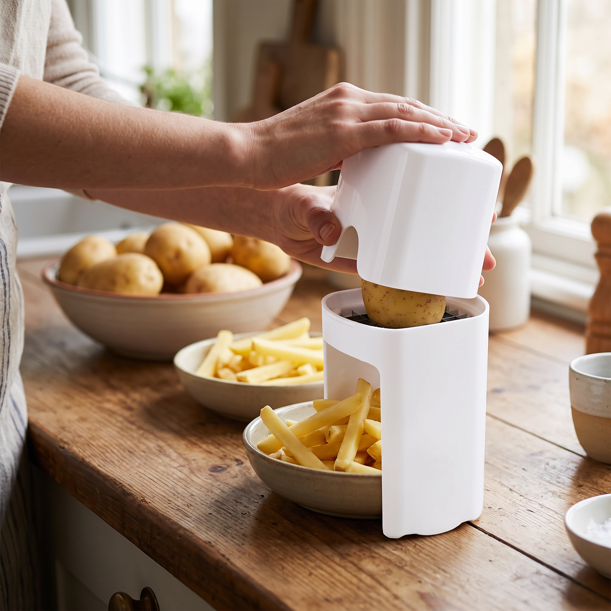 French fry cutter slicing a potato on a kitchen counter