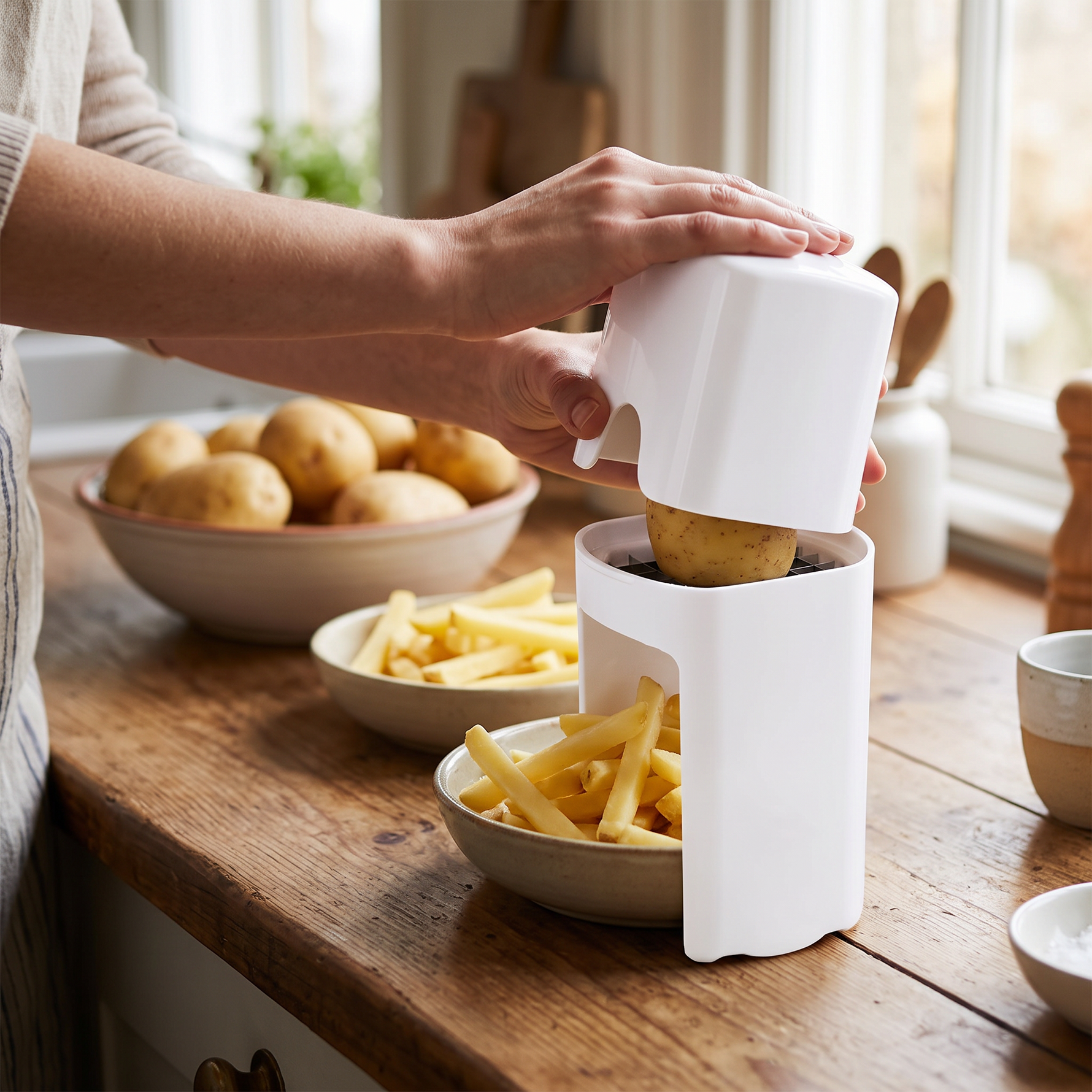 French fry cutter slicing a potato on a kitchen counter