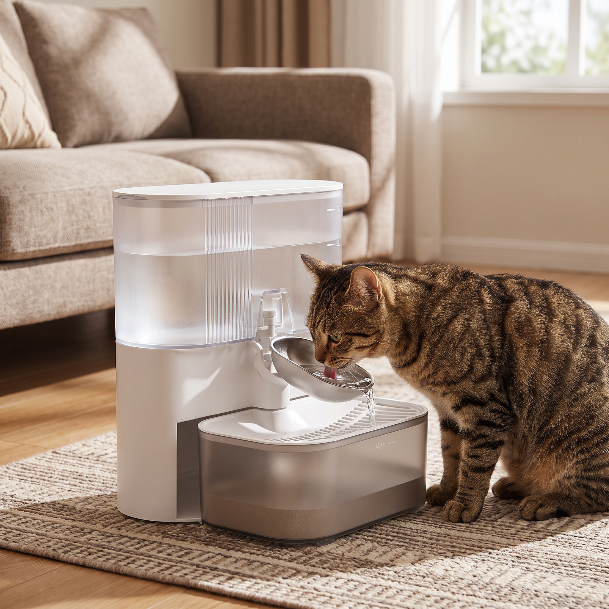Automatic timed pet water dispenser with a cat drinking