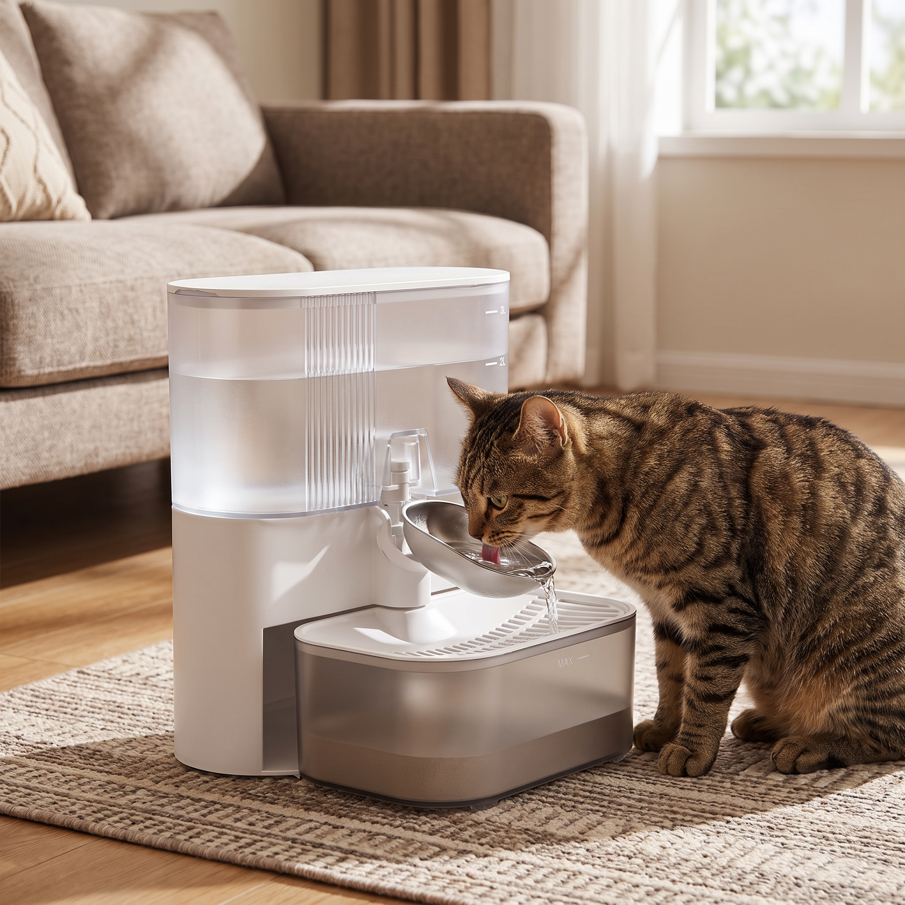 Automatic timed pet water dispenser with a cat drinking