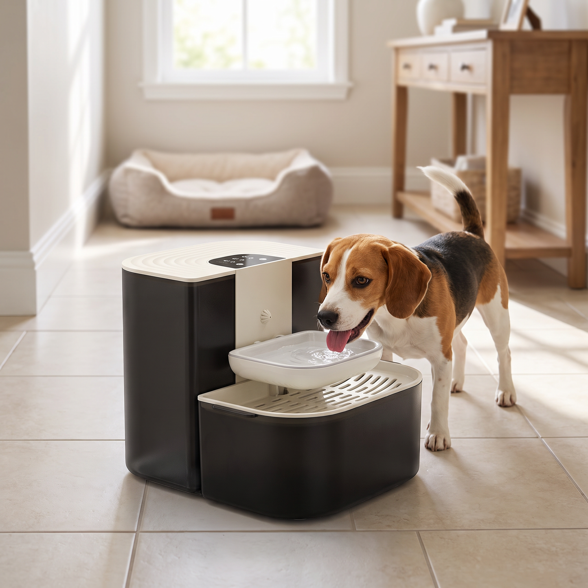 Inverted pet water dispenser with a dog drinking at home