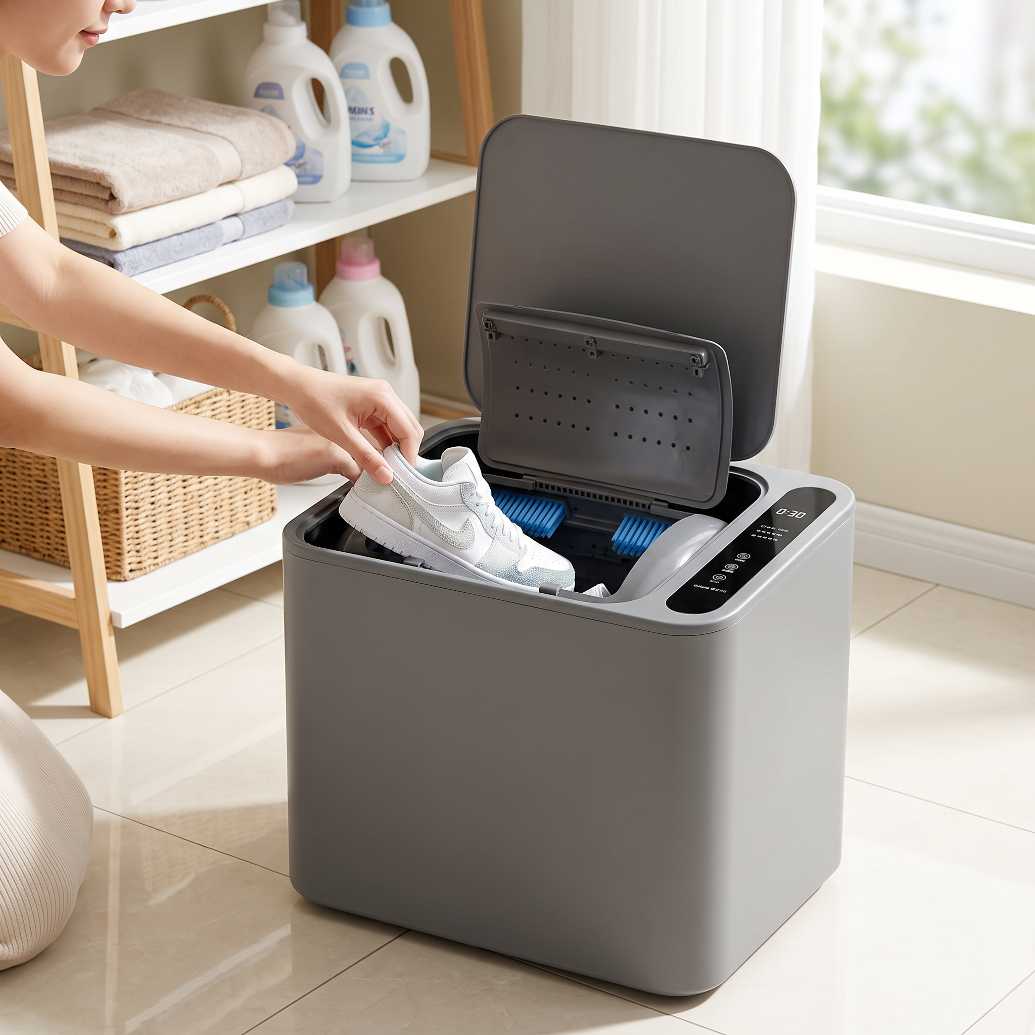 Electric shoe washing machine cleaning sneakers in a laundry room