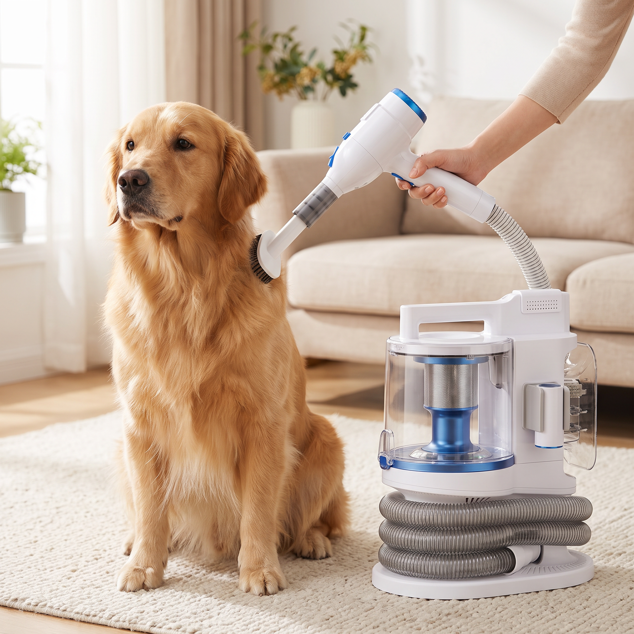 Woman grooming a golden retriever with the low-noise pet hair dryer and vacuum kit in a living room