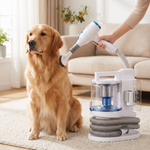 Woman grooming a golden retriever with the low-noise pet hair dryer and vacuum kit in a living room