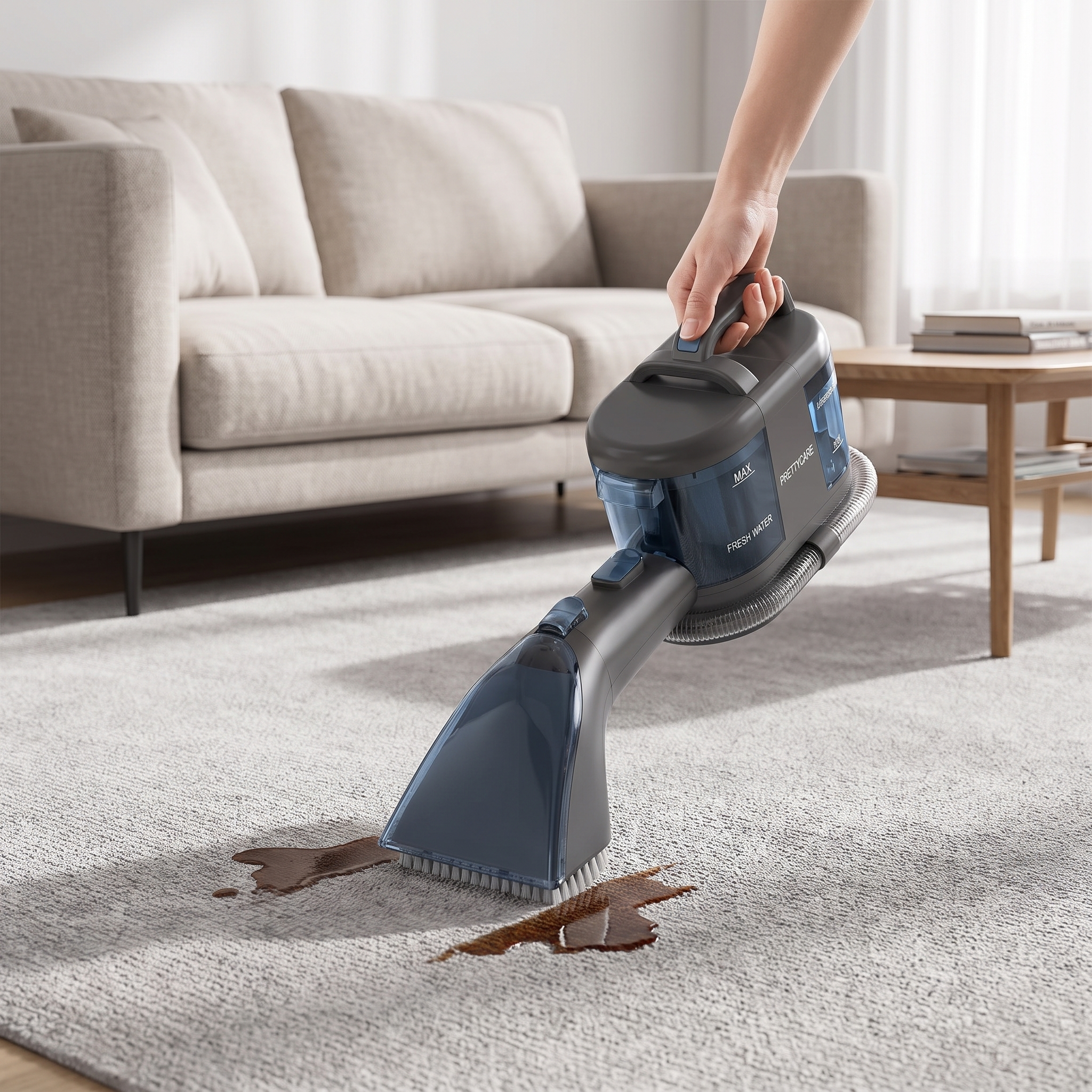 Woman cleaning a carpet stain with the cordless spot vacuum cleaner in a modern living room