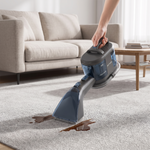 Woman cleaning a carpet stain with the cordless spot vacuum cleaner in a modern living room