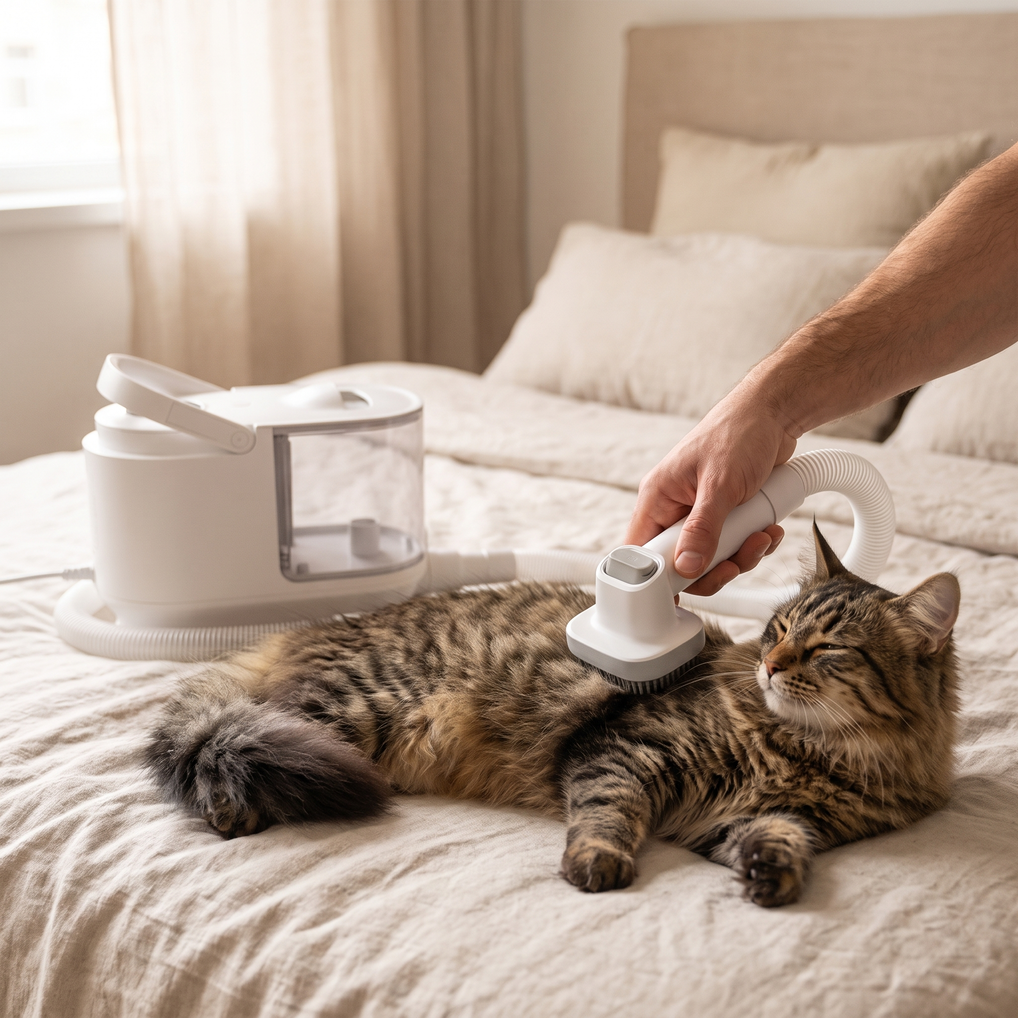Man grooming a long-haired cat with the 6-in-1 pet grooming vacuum kit