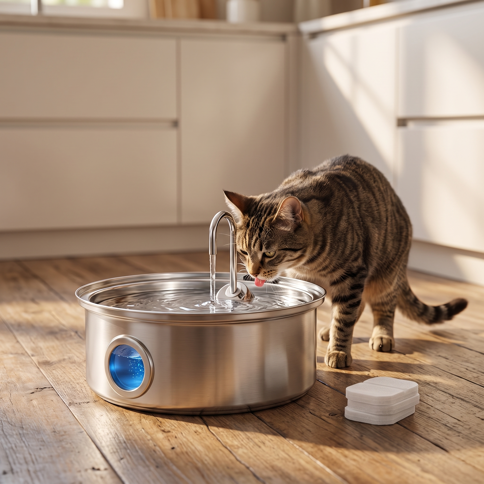 Tabby cat drinking from the 7L automatic pet water fountain in a bright kitchen