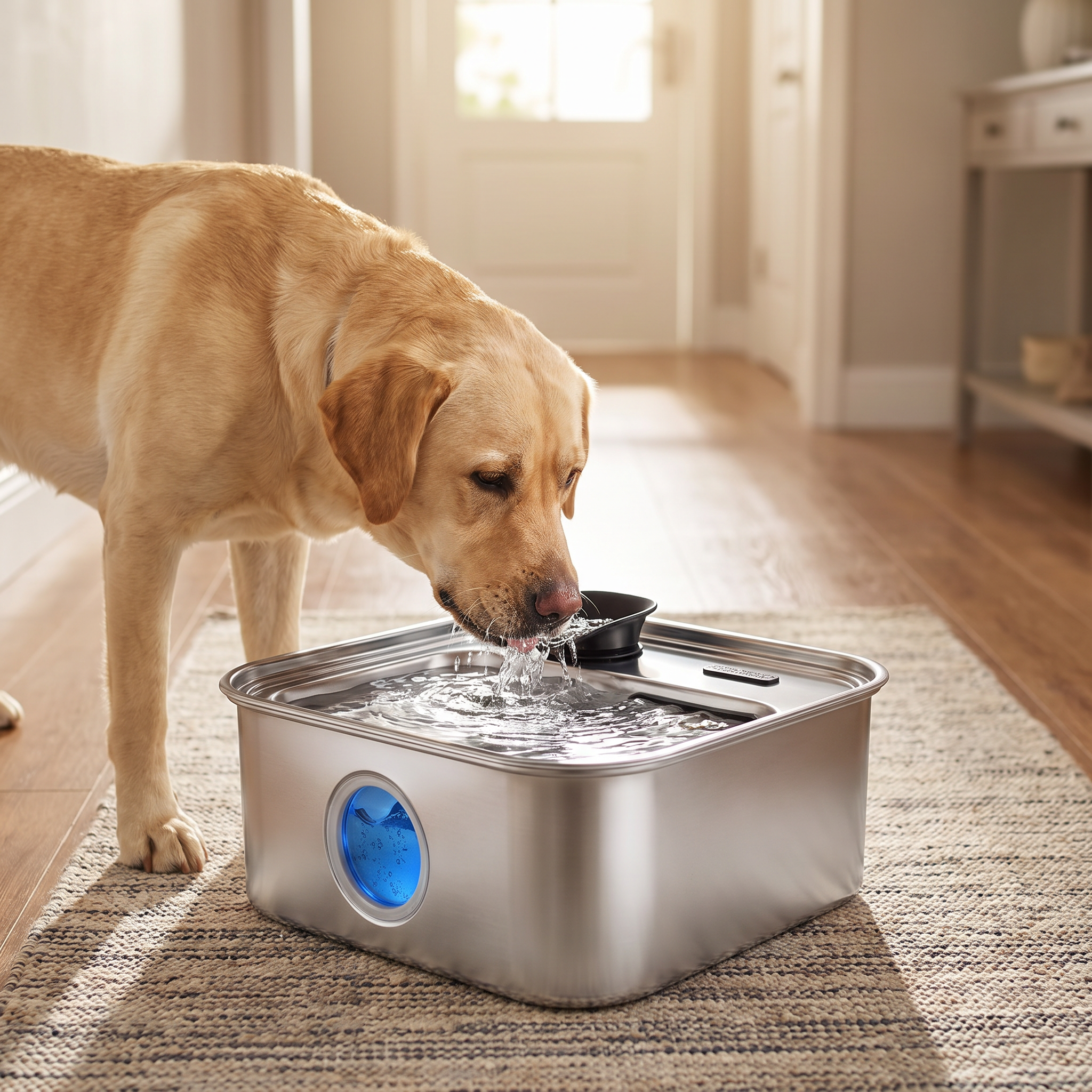 Labrador retriever drinking from the 10L pet water fountain for large dogs