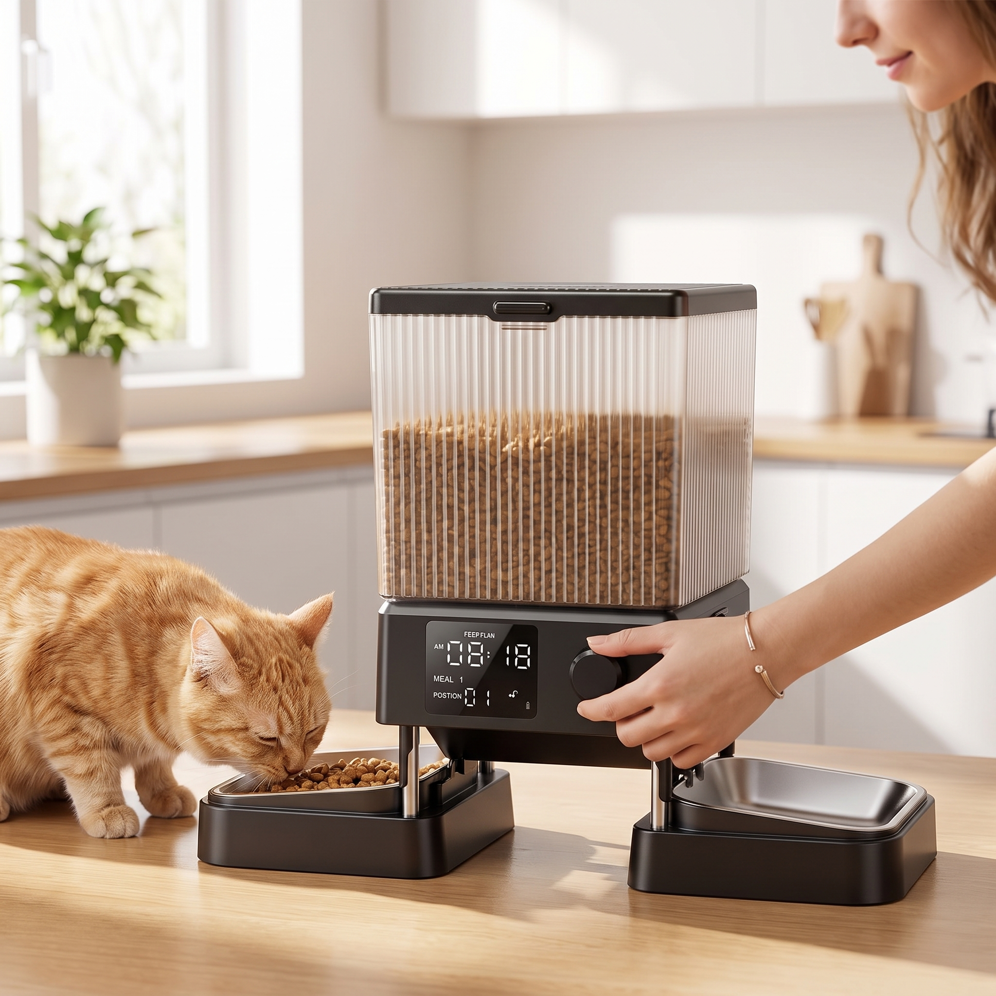 Cat eating from the 5-liter automatic cat feeder while owner sets the timer