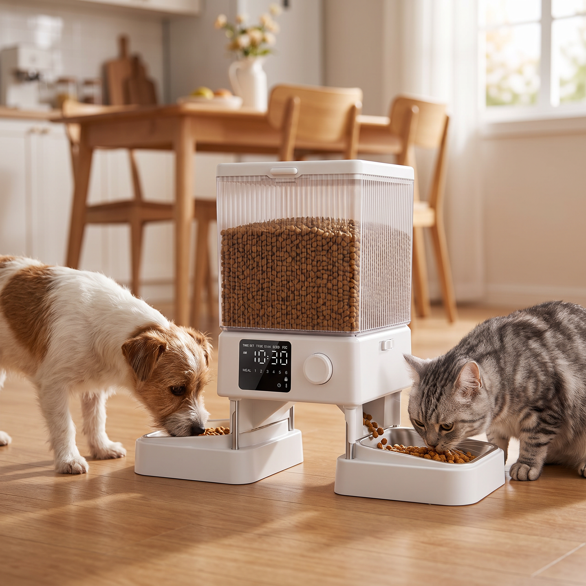 Dog and cat eating from the automatic 5L pet food dispenser with dual bowls