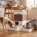 Dog and cat eating from the automatic 5L pet food dispenser with dual bowls