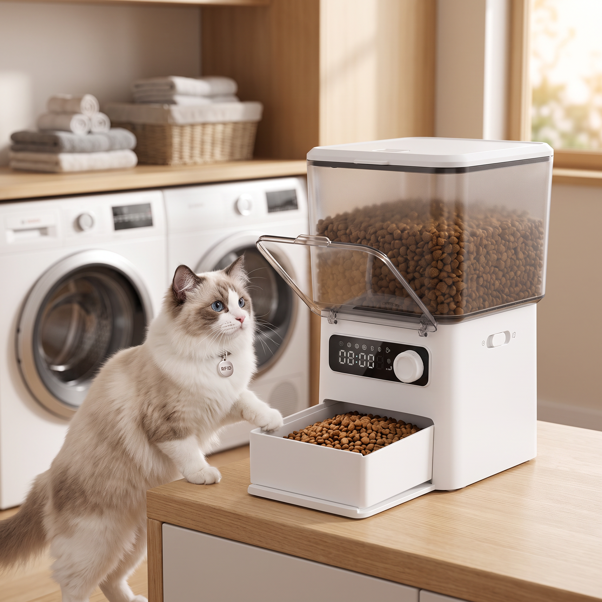 Cat with RFID collar tag eating from the microchip pet feeder