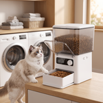 Cat with RFID collar tag eating from the microchip pet feeder