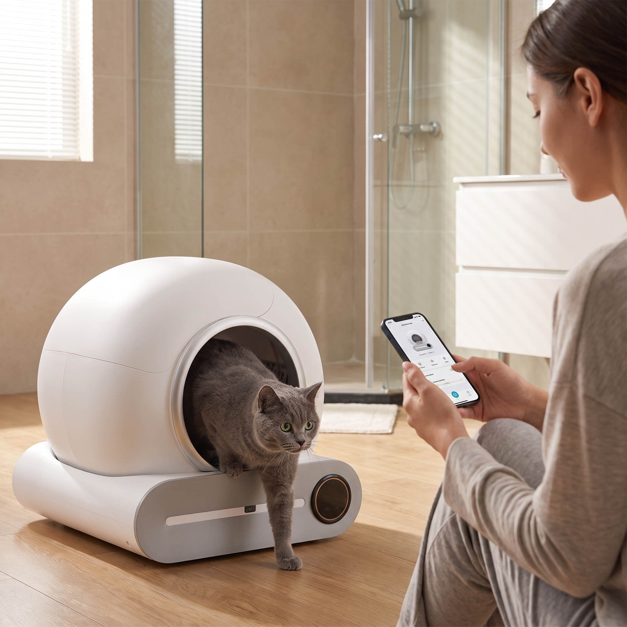 Cat stepping out of the automatic self-cleaning litter box with app control
