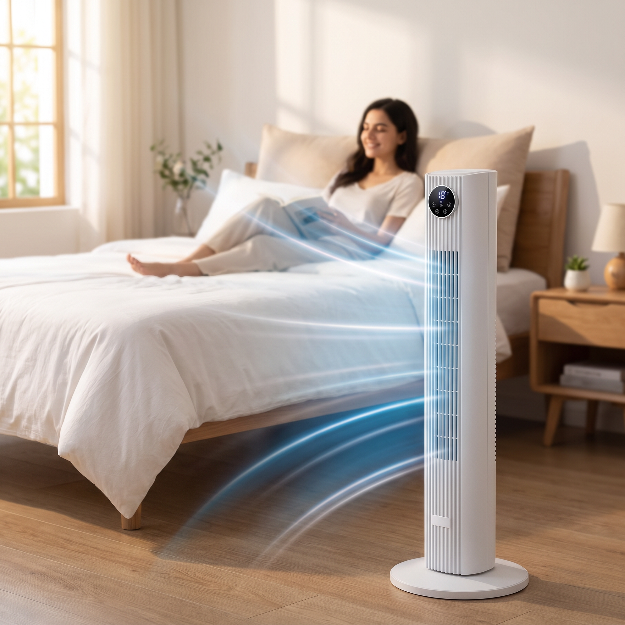 Portable air conditioner cooling a bedroom while a woman relaxes on the bed