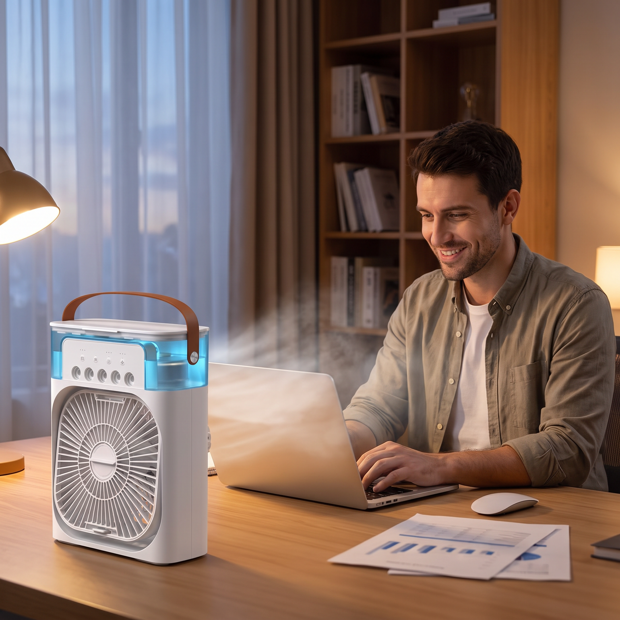3-in-1 portable air conditioner fan with LED night light on a home office desk