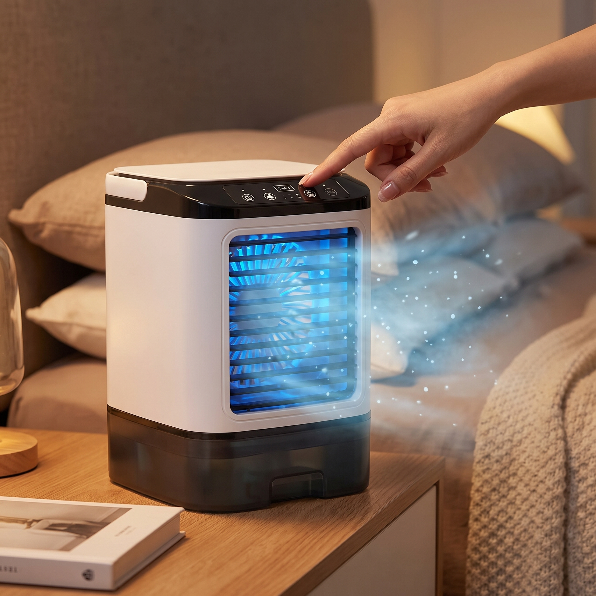 Portable air conditioner fan with dual mist spray on a bedside table