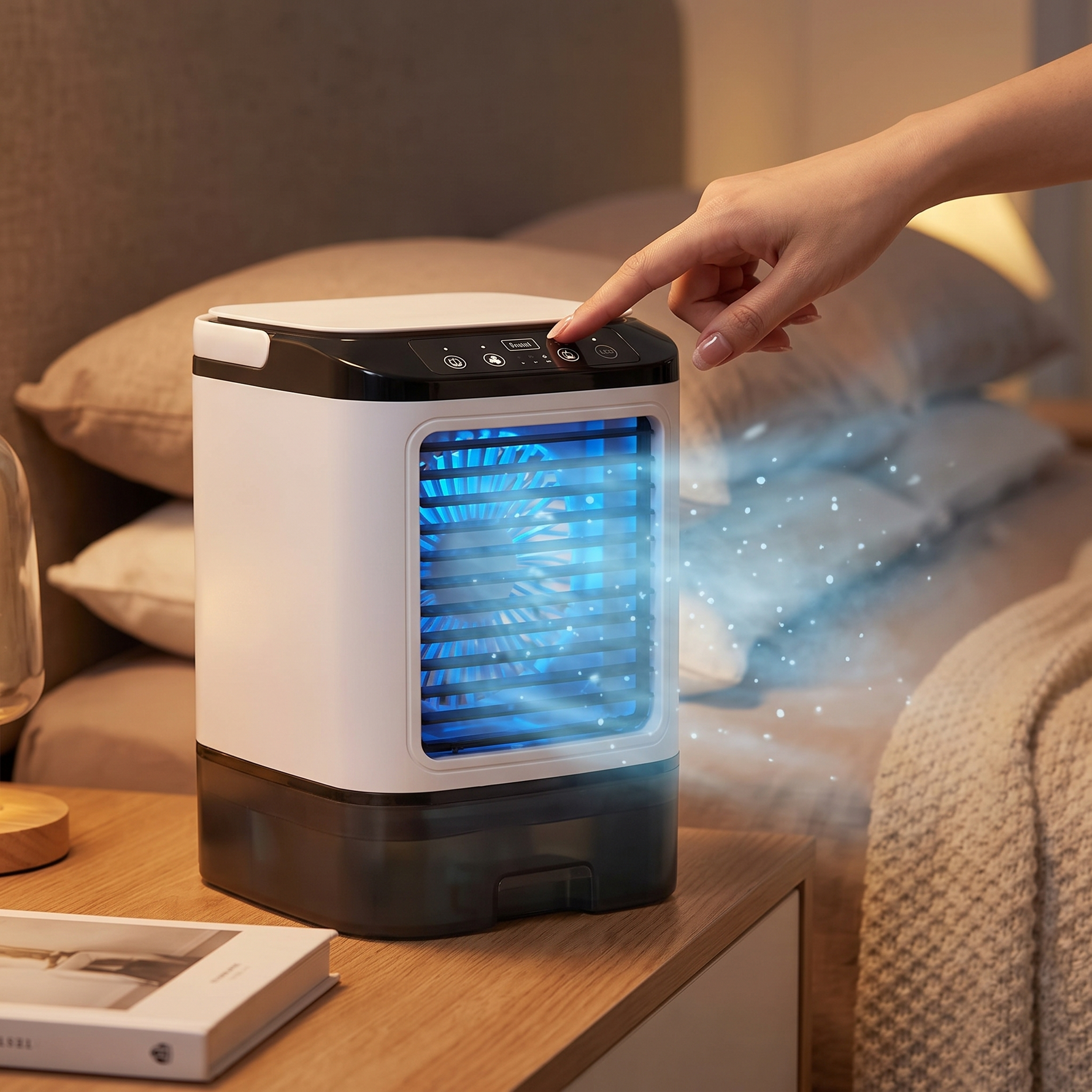 Portable air conditioner fan with dual mist spray on a bedside table