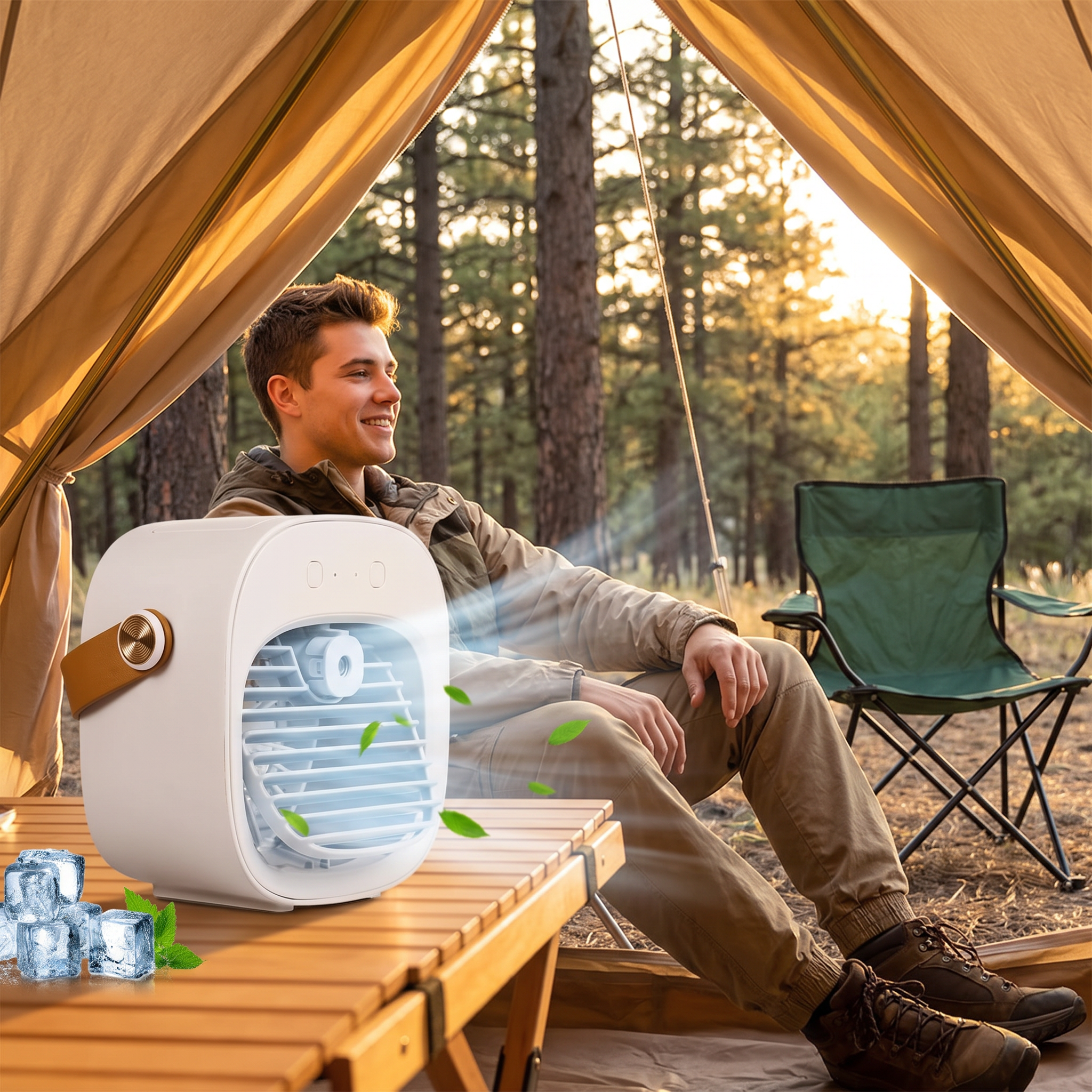 Rechargeable portable mini air conditioner used at a campsite tent