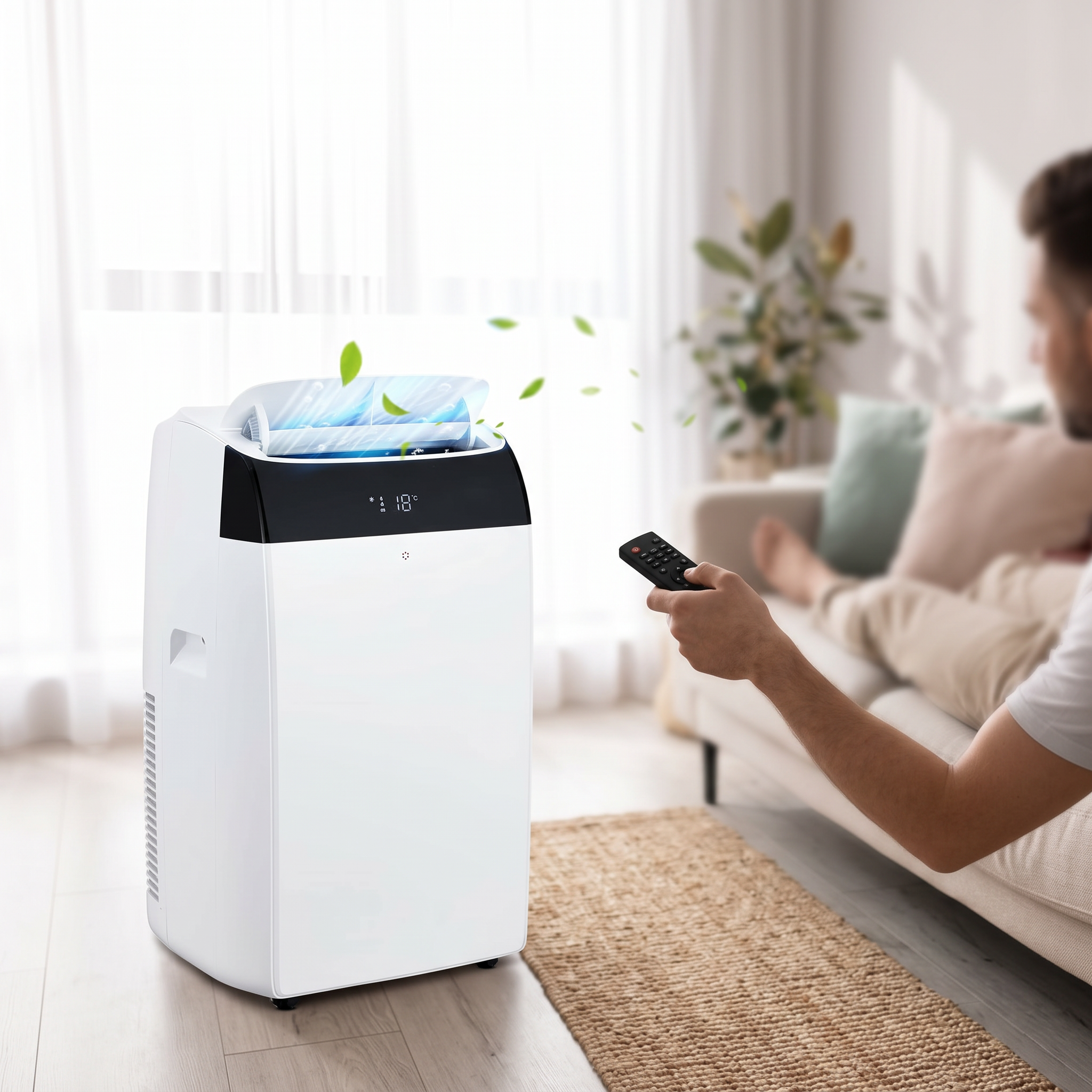 Man using the remote control with the 3-in-1 portable air conditioner in a living room