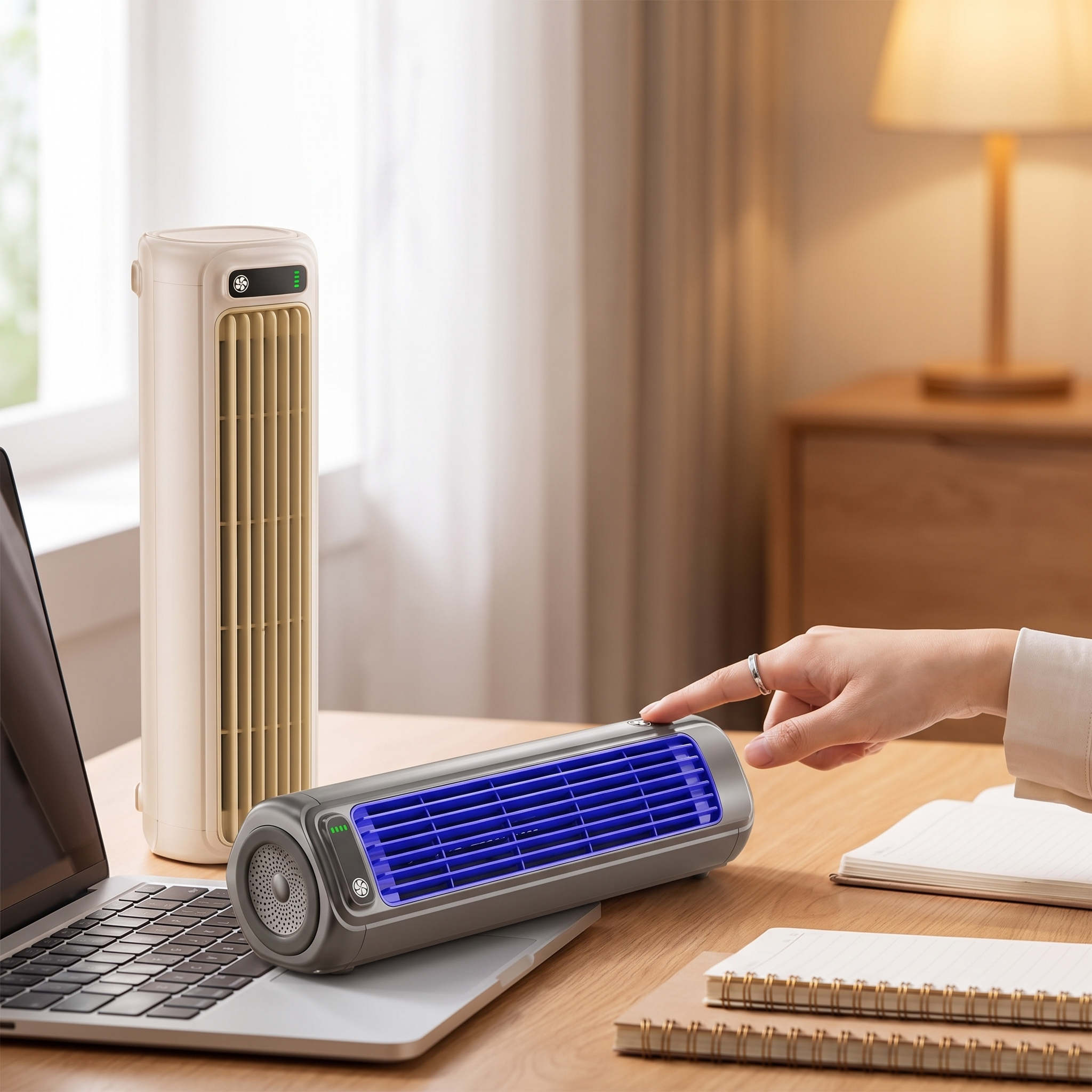 Rechargeable desktop air conditioner fan on a study desk with 3 speed settings