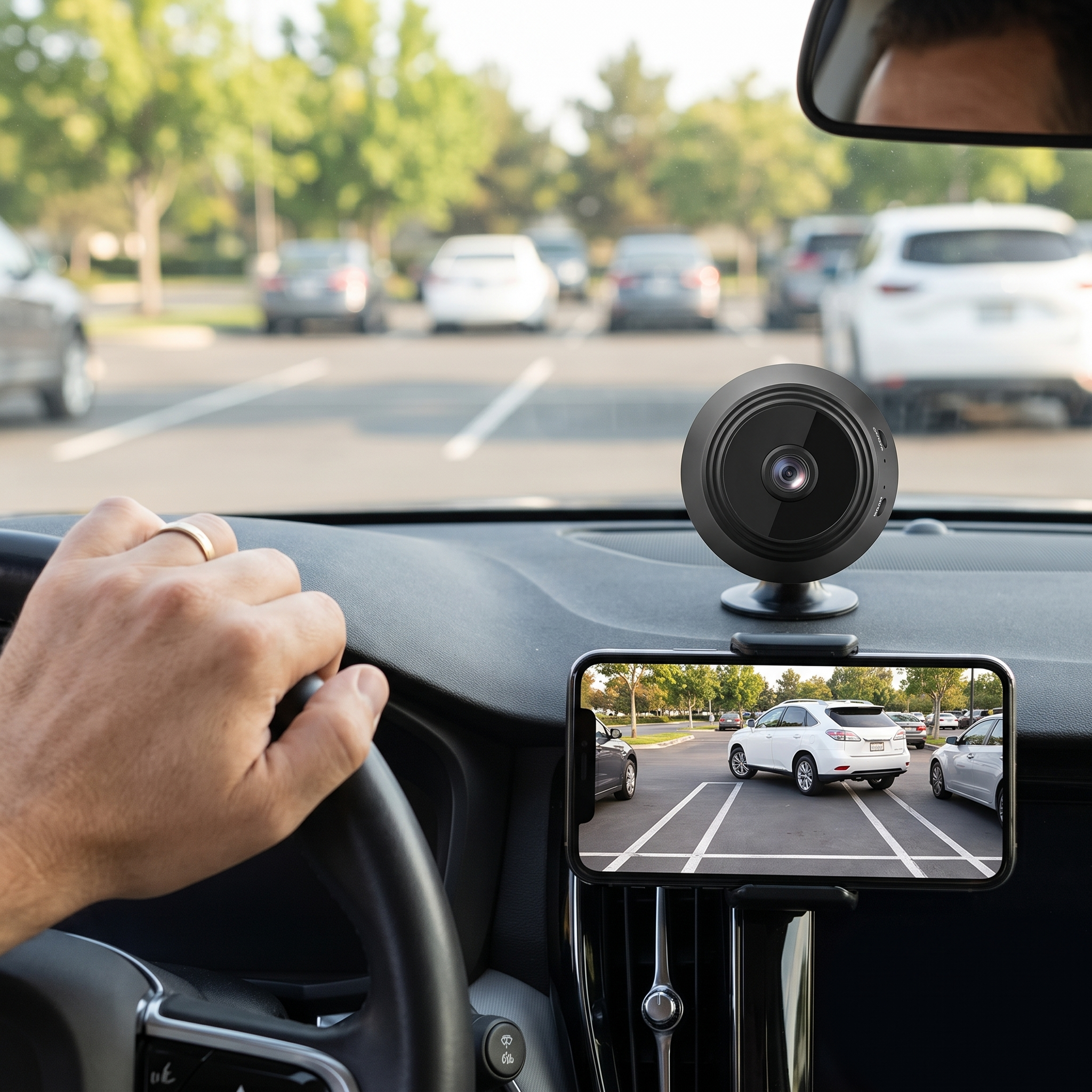 Wireless backup camera with HD display mounted on a car dashboard while reversing